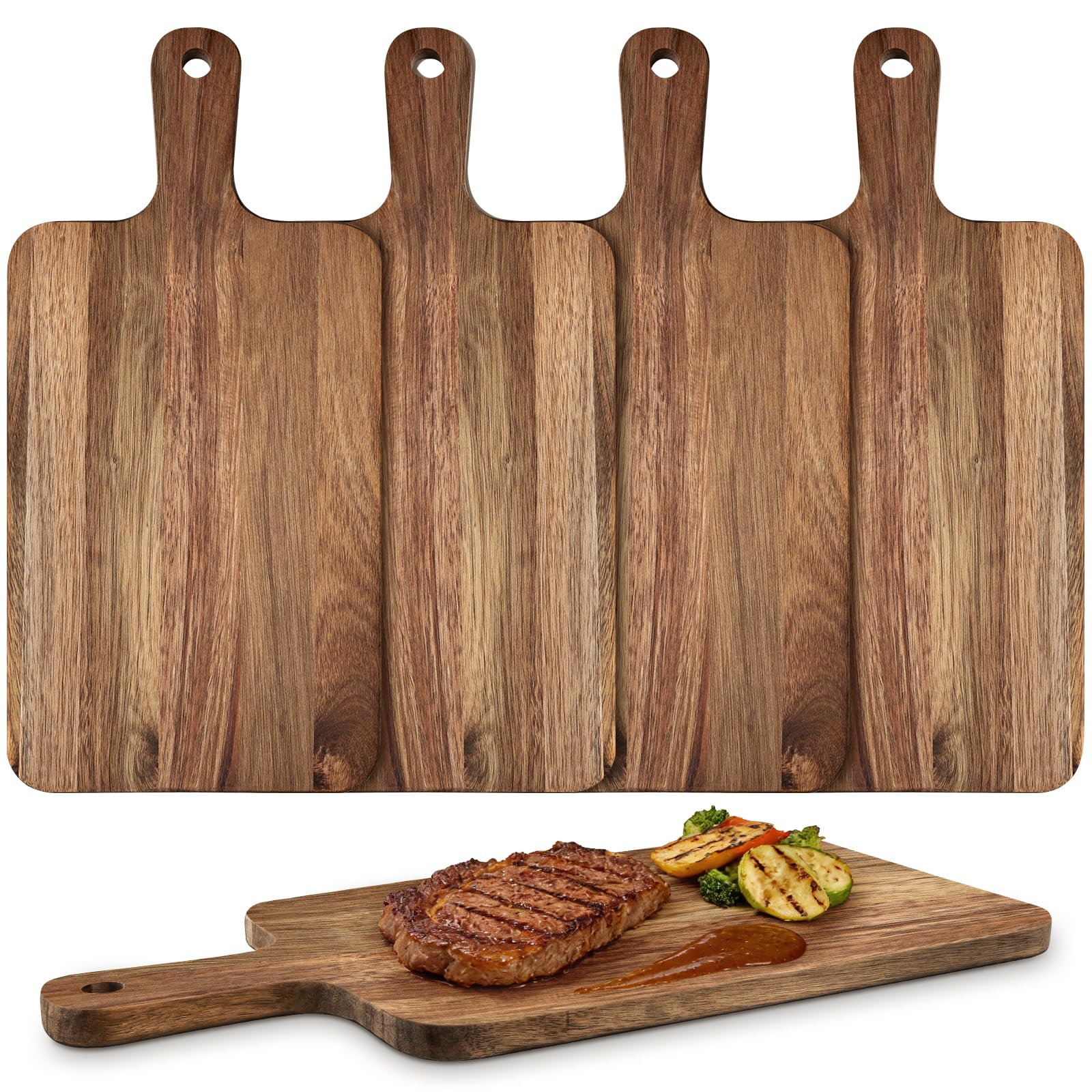 Lot de 5 Planches à Découper Bois d'Acacia avec Poignée, 40 x 20 x 1,7 cm | Plateau Service Rectangulaires pour Viande, Pain, Fromage, Fruits, Charcuterie, Apéritif, Cuisine