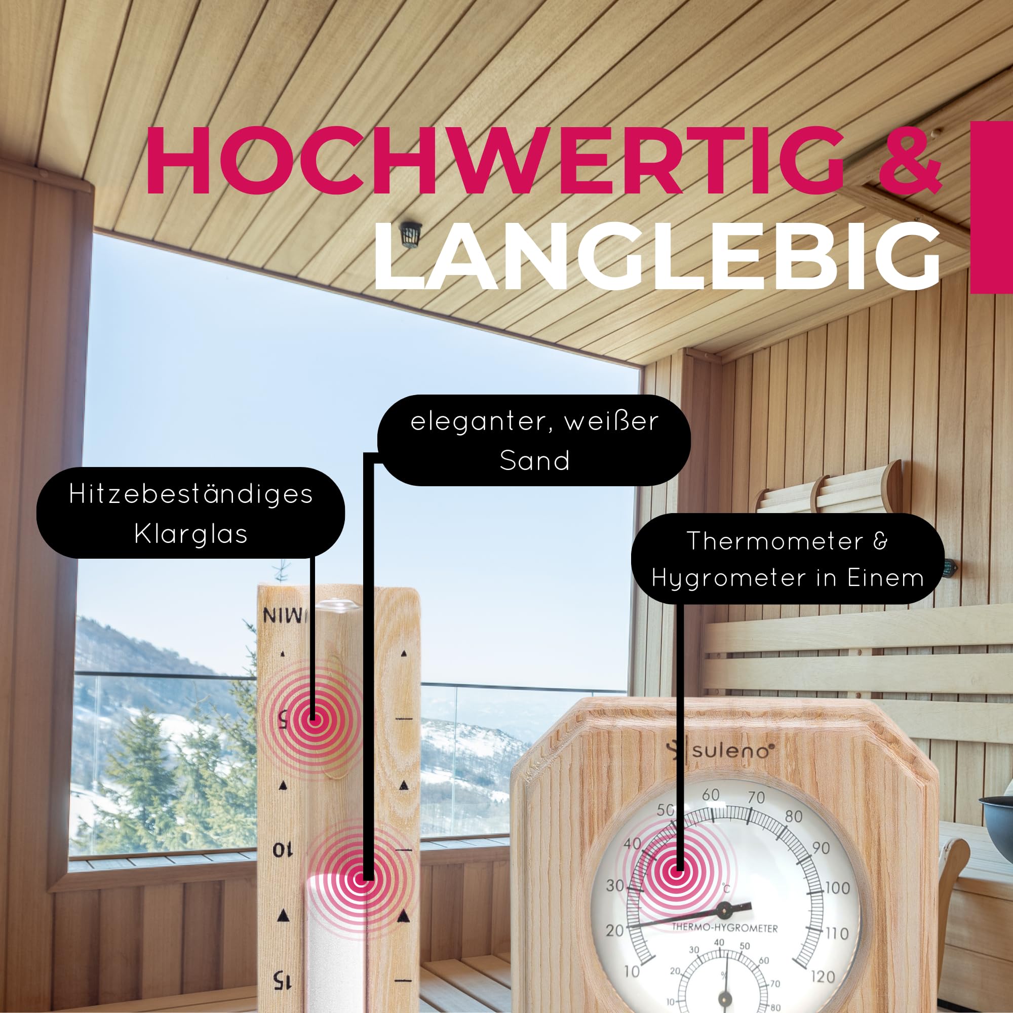 SULENO Saunazubehör Set ANNA, 2-teiliges Set mit Klimamesser, Sanduhr | Temperatur- und Luftfeuchtigkeitsmesser, Hitzebeständig, Wandmontage, Perfekt für Sauna und Wellness
