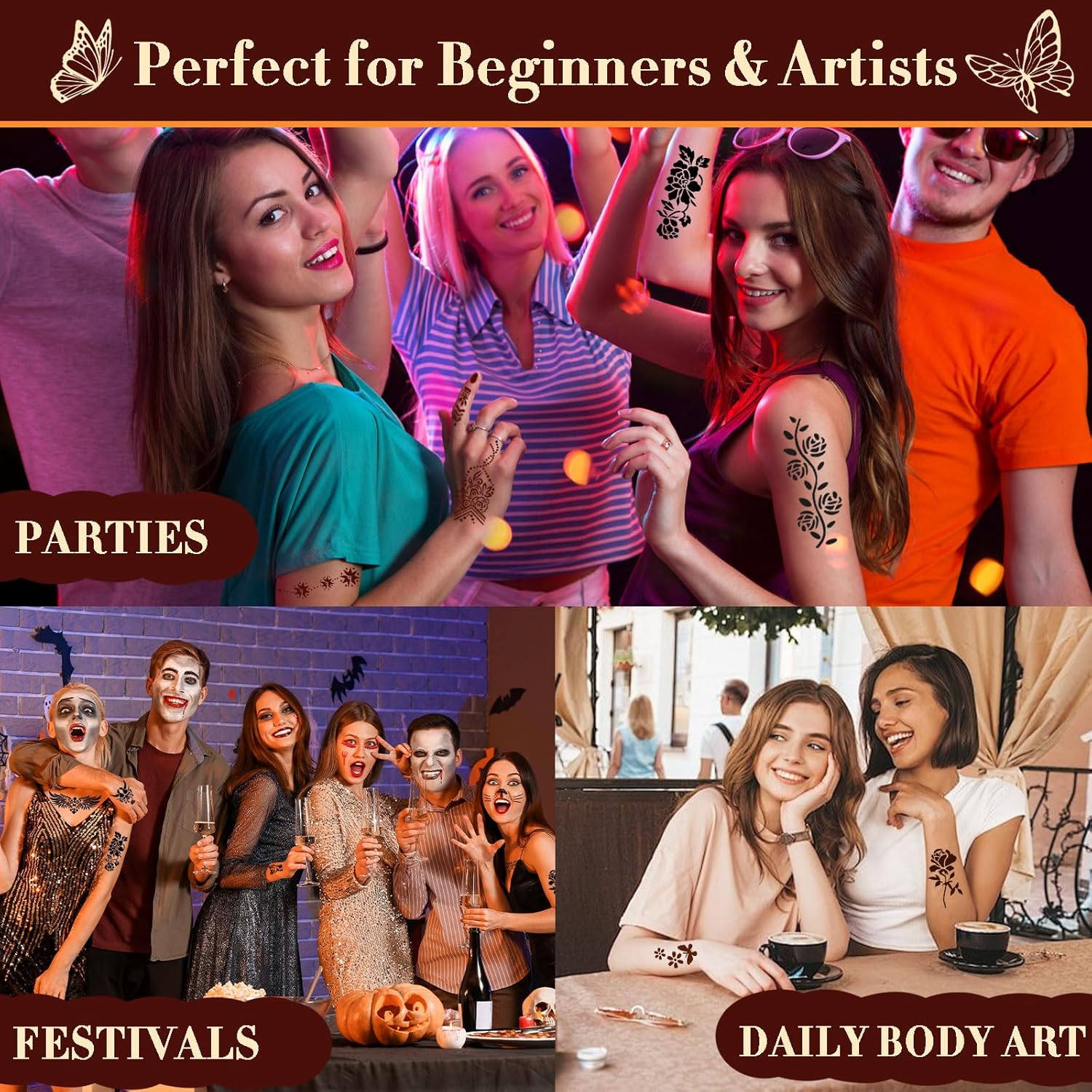 Temporary Body Art Tattoo Kit with 20 Reusable Stencils, 14 Tattoo Cones in 10 Colors, Mixing Bottles, Cotton Swabs & Gloves, DIY Skin Art Set for Festivals, Parties & Creative Makeup