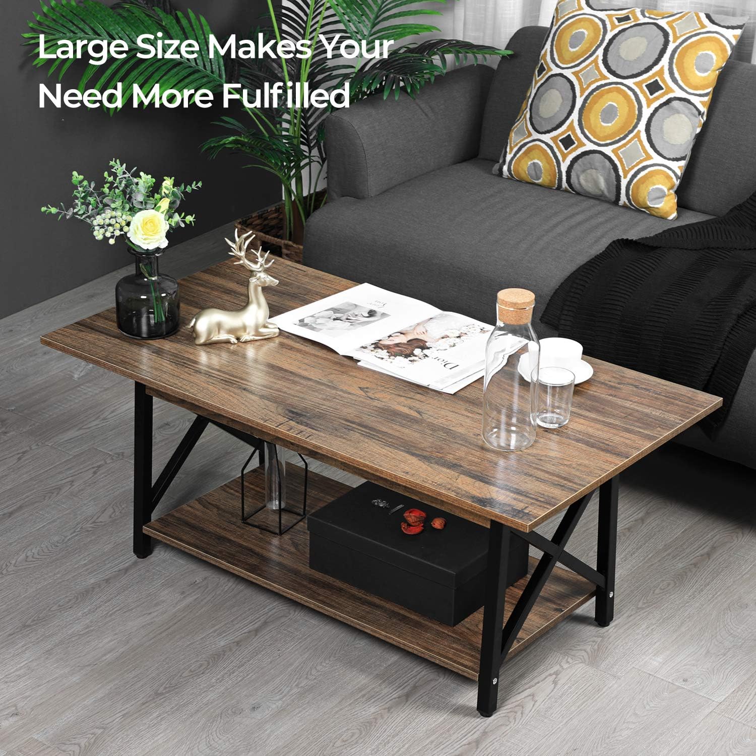 GreenForest Coffee Table Industrial Metal Legs with Storage Shelf for Living Room 43.3" x 23.6", Easy Assembly, Rustic Walnut : Home & Kitchen