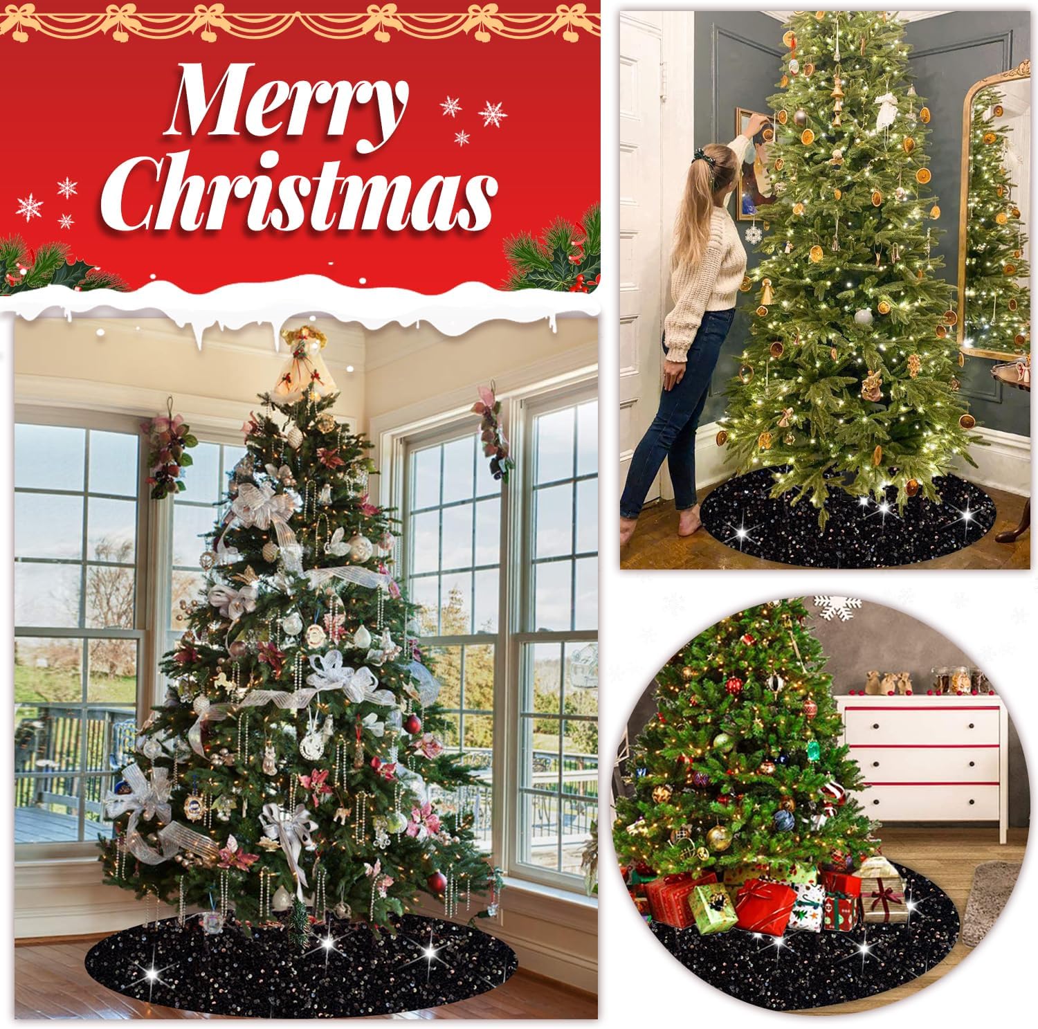 FOTSHARER Black Tree Skirt Christmas Tree Storage Bag Bundle Sequin Christmas Tree Skirt 36 Inches Xmas Tree Bag 9 FT Christmas Tree Storage Containers Christmas Tree Base Cover Tree Bags Storage.