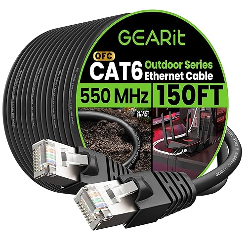 GearIT Cable Ethernet Cat6 para exteriores (150 pies), cobre puro 23 AWG, FTP, LLDPE, impermeable, entierro directo, en tierra, resistente a los