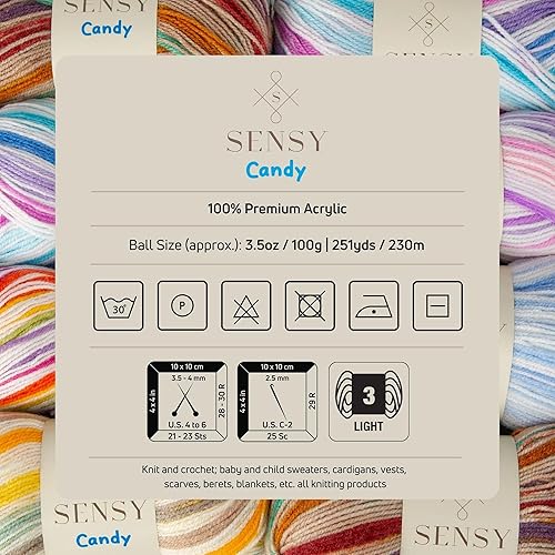 Miniatura 6 de Sensy Candy Yarn - Hilo de 3 madejas, 3.5 onzas, 251 yardas, multicolor para ganchillo y tejido, calibre ligero 3
