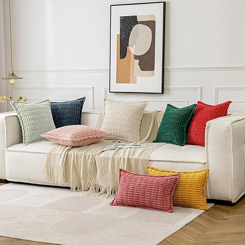 Miniatura 5 de MIULEE Juego de 2 fundas de almohada decorativas de pana azul, fundas de almohada suaves a rayas con borde ancho, decoración bohemia moderna para el