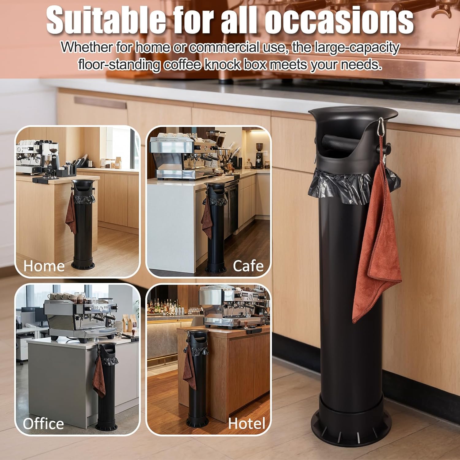 HOMEE Espresso Coffee Knock Box with Garbage Bags (25Pcs),18L Floor Standing Barista Style Knock Box for Espresso Grounds,Detachable Large Coffee Knock Box for Commercial and Home with Brush & Towel