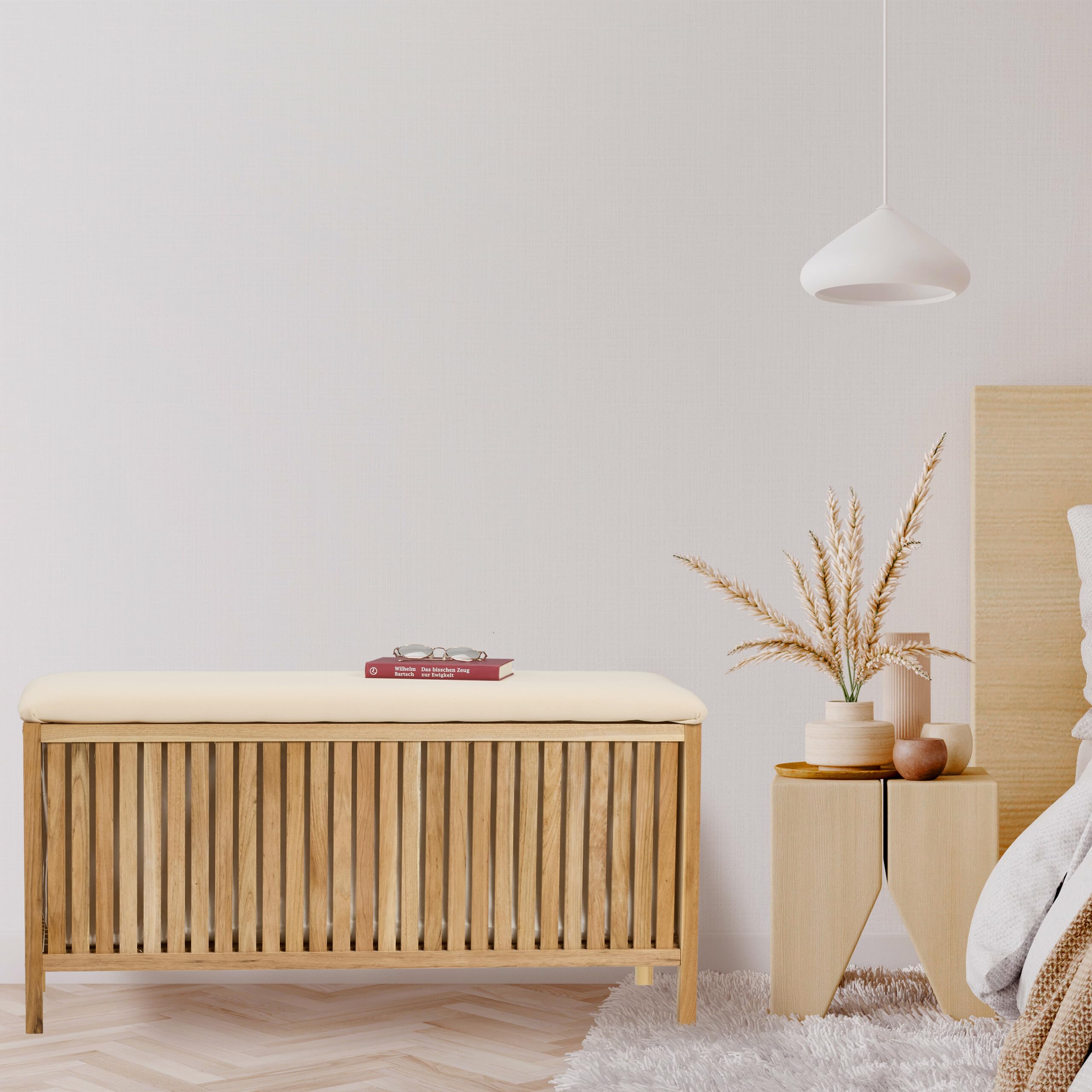 Relaxdays Wäschetruhe mit Sitz, Badhocker mit Stauraum, 100 l Wäschesammler, HBT: 50x100x38 cm, Holz/Stoff, Natur/weiß