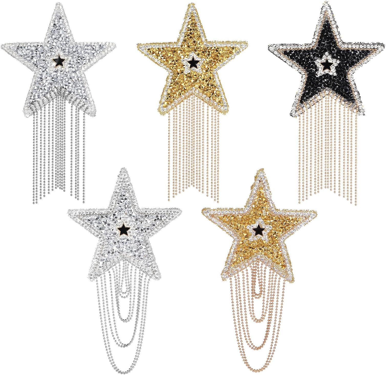 5 Pcs Rhinestone Star Tassel Repair Patch, Star Pattern Iron on Patches with Tassel Glitter Five-Pointed Star Shape Patches for Clothing Jeans Hats Bags Embellishment DIY Accessories