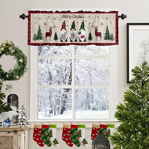 Miniatura 2 de Cenefa de ventana con bolsillo para barra, paneles de cortina cortos de lino retro de búfalo rojo y verde a cuadros de gnomo, cortinas de cocina,