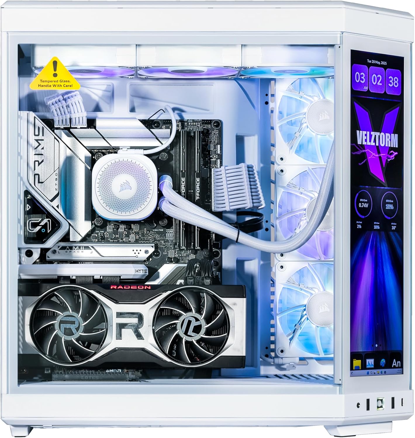 Velztorm LCD White Praetix Custom Built Y70 Touch Gaming Desktop (Radeon RX 9070 XT 12GB (Beats 5070 Ti), Liquid Cooled Intel i9-14900K, 32GB DDR5, 2TB SSD, 1000W PSU, WiFi 6, Win11H)