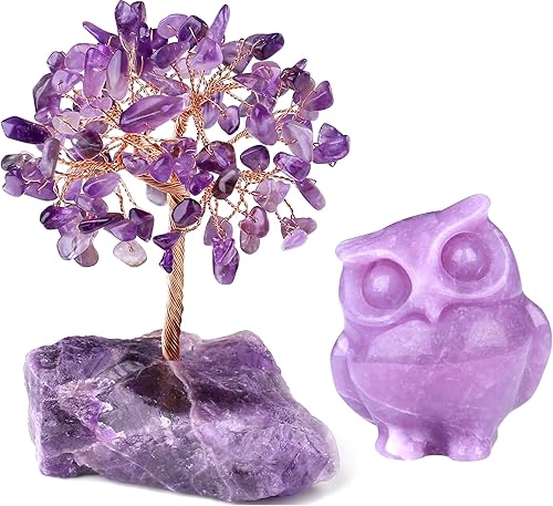 QINJIEJIE Paquete de figuras de búho de cristal de amatista y cristales de lepidolita, piedras preciosas naturales de Reiki, decoración de piedra