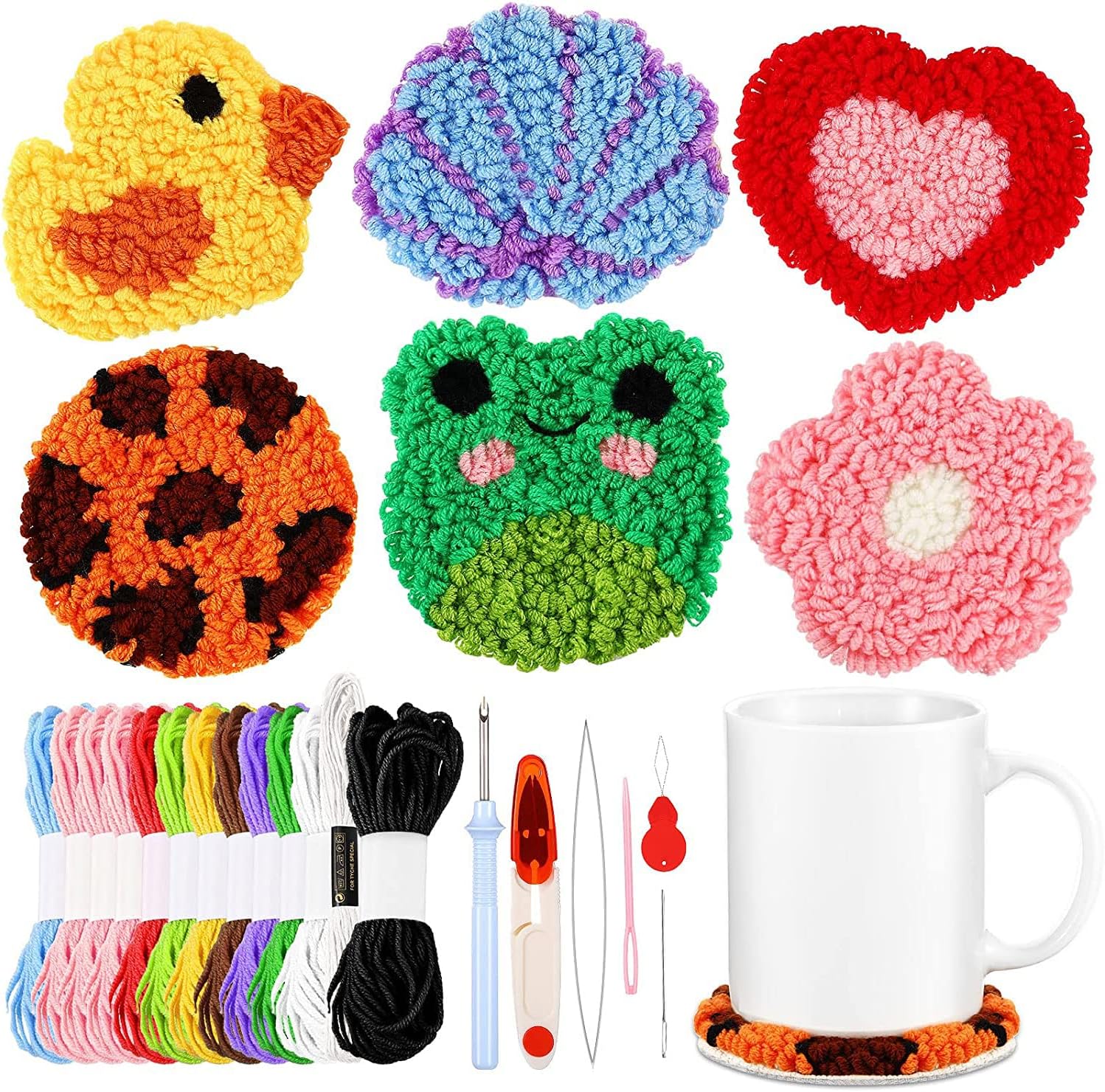 Punch Needle Coasters Kit 20 Pcs Includes 6 Cloth with Pattern, Yarn, 6 Adhesive Felts, 5 Hand Tools, Wooden Embroidery Hoop and Instruction for Adults Kids Beginners Starter Mug Tufted Rug Making Set