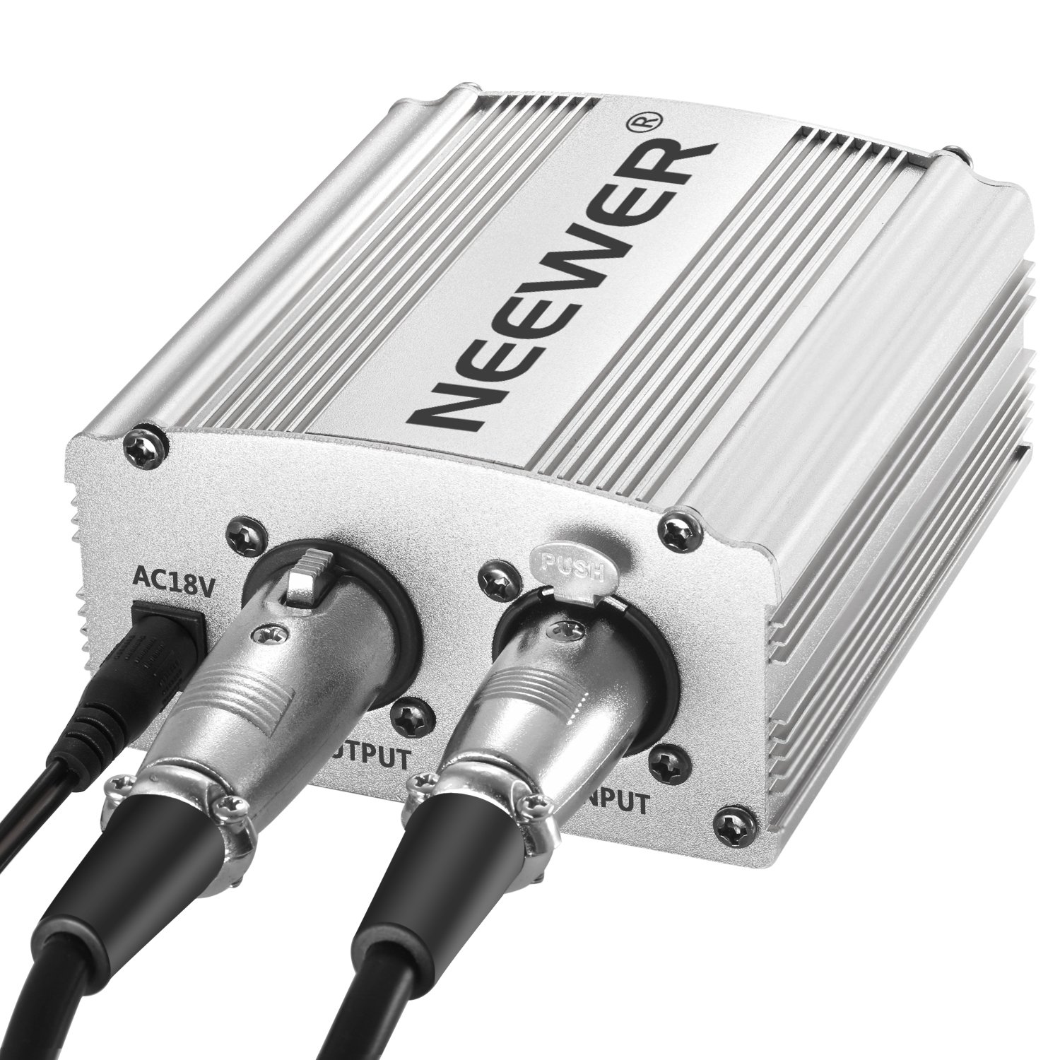 Neewer 1-Canal 48 V Phantom Bloc d’Alimentation avec Adaptateur et câble Audio XLR pour Tout Microphone à condensateur, Musique et Studio d'enregistrement, argenté