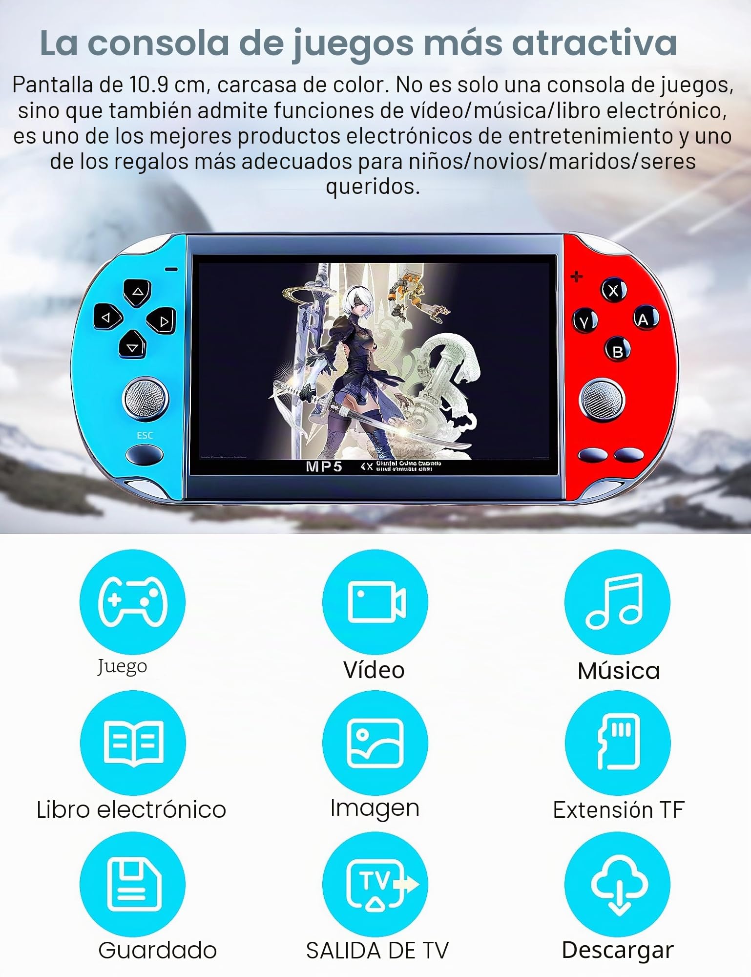 CZT Consola retro de 4,3 pulgadas con 3000 juegos incorporados, que soporta juegos archivados MP3/MP4, consola portátil para niños, simulador de arcade y regalos para niños (rojo azul)