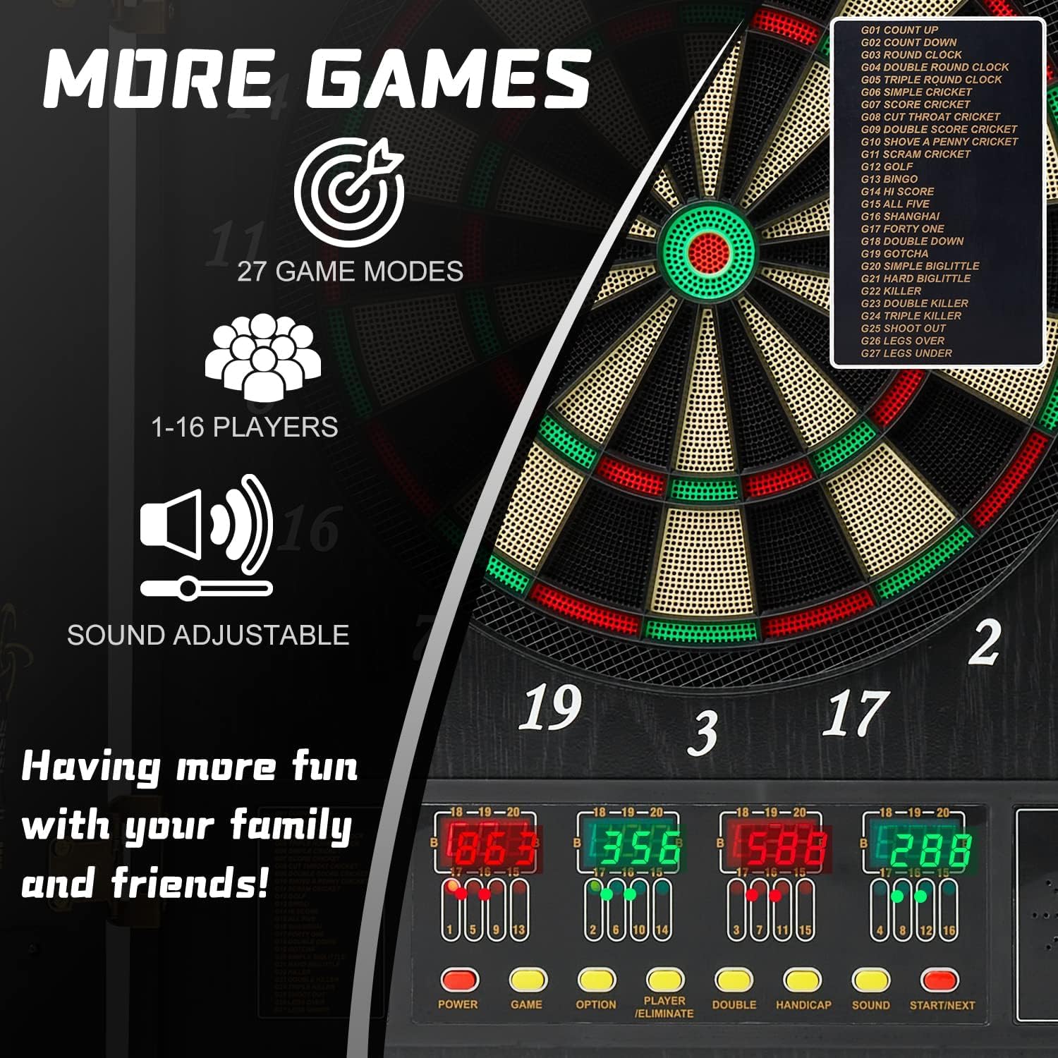 Set di freccette elettroniche – Tavola in legno da 45,7 cm con display a 4 LED, gioco di freccette multiplayer per feste e sale giochi, 243 opzioni di gioco