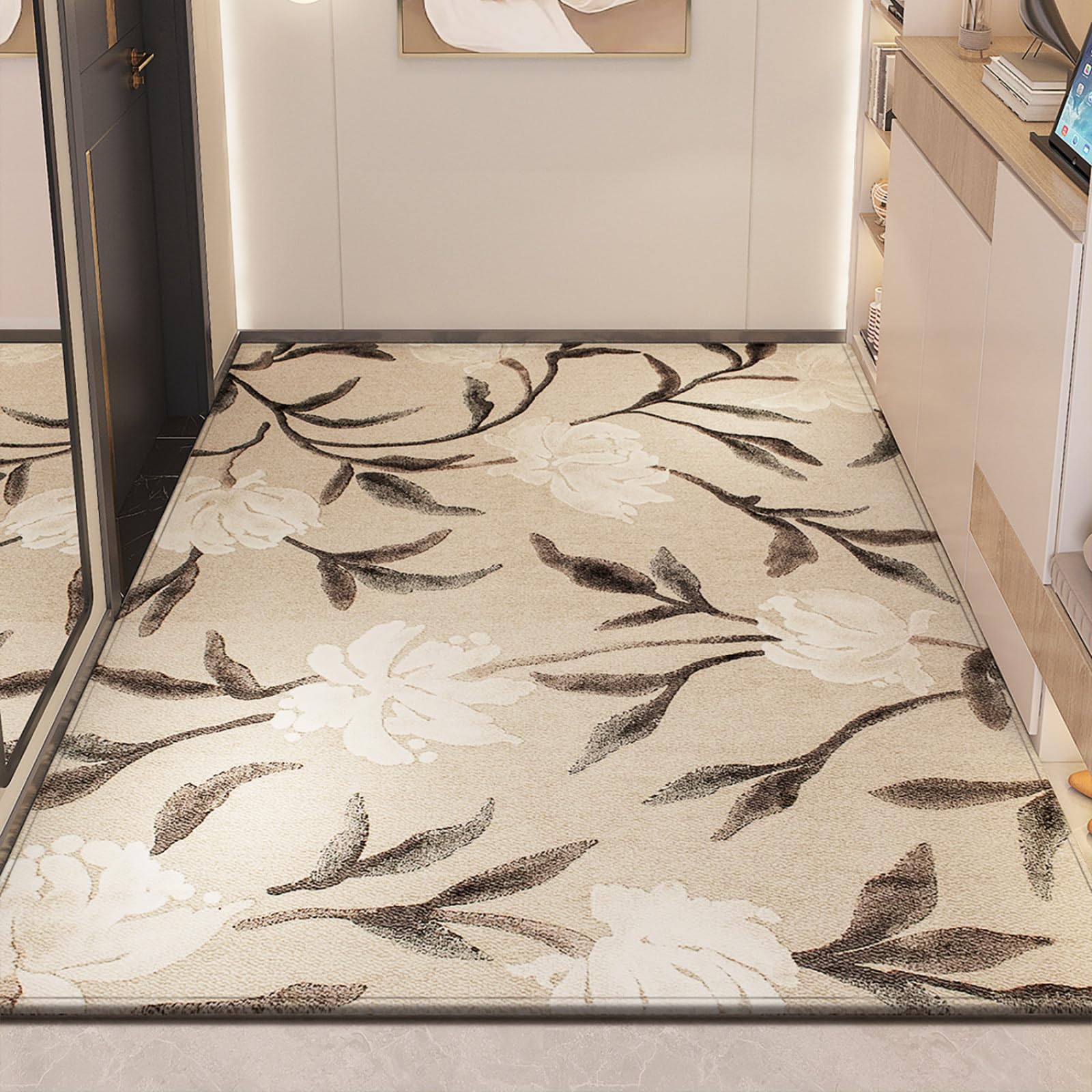 Fussmatte Aussen 90x150 Braun Beige Blumenmuster Schmutzfangmatte rutschfeste Fußmatte Außen für Eingang Patio Flur Garten Türmatte Maschinenwaschbare Fußmatten Haustür