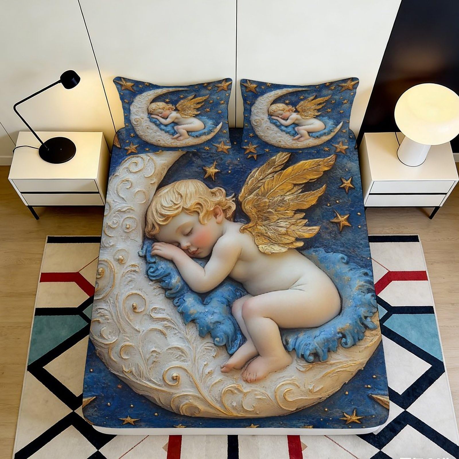 3D Printed Sleeping Angel Fitted Sheet Microfiber Soft Blue Gold Moon Bed Sheet for Bedroom Guest Room Decor 90x200x25cm