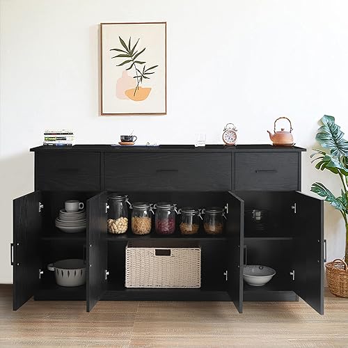 MUPATER Sideboard Buffet Cabinet, 56'' Buffet Cabinet, Sideboard Cabinet with 3 Drawers and 4 Doors,Sideboard Buffet Cabinet with Storage for Home, Dining Room, Living Room and Entryway, Black