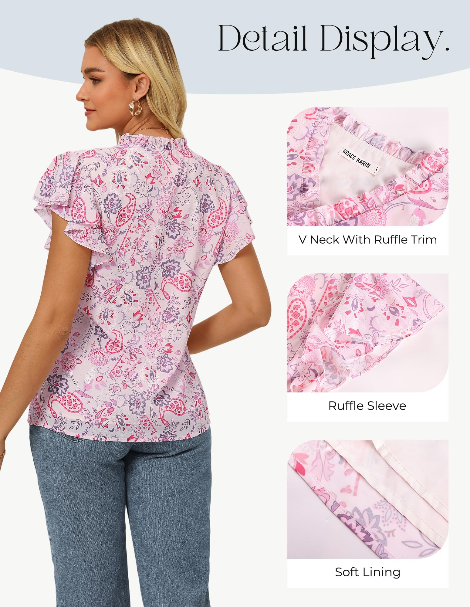 GRACE KARIN Top estivo da donna a maniche corte con volant casual vestibilità ampia floreale tunica camicetta elegante camicia boho top