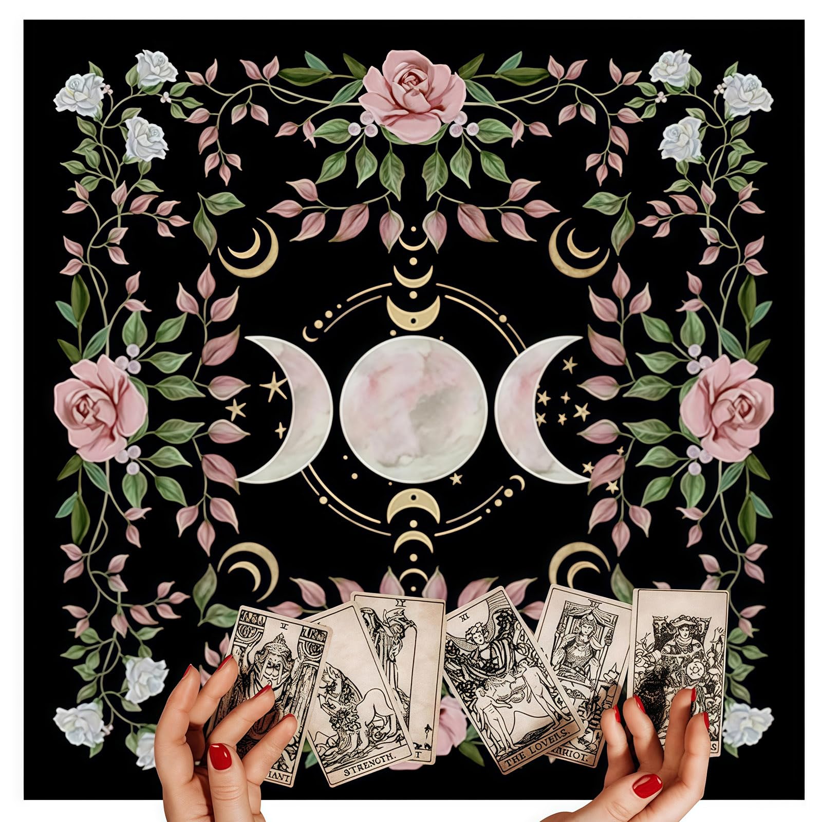 Tappeto Divinatorio per Tarocchi 75x75 cm, Tovaglia da Altare Esoterico con Fiori e Fasi Lunari, Telo per Lettura Carte e Rituali Spirituali