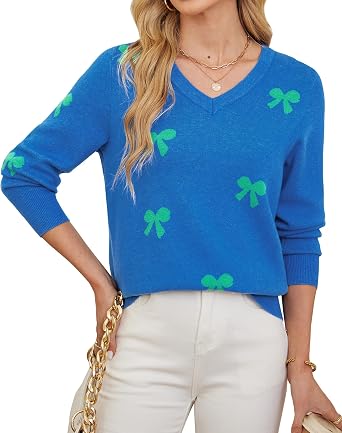 Womens V Neck Knit Sweaters Long Sleeve Lightweight Pullover Printed Cute Tops Winter Casual Fashion Outfits