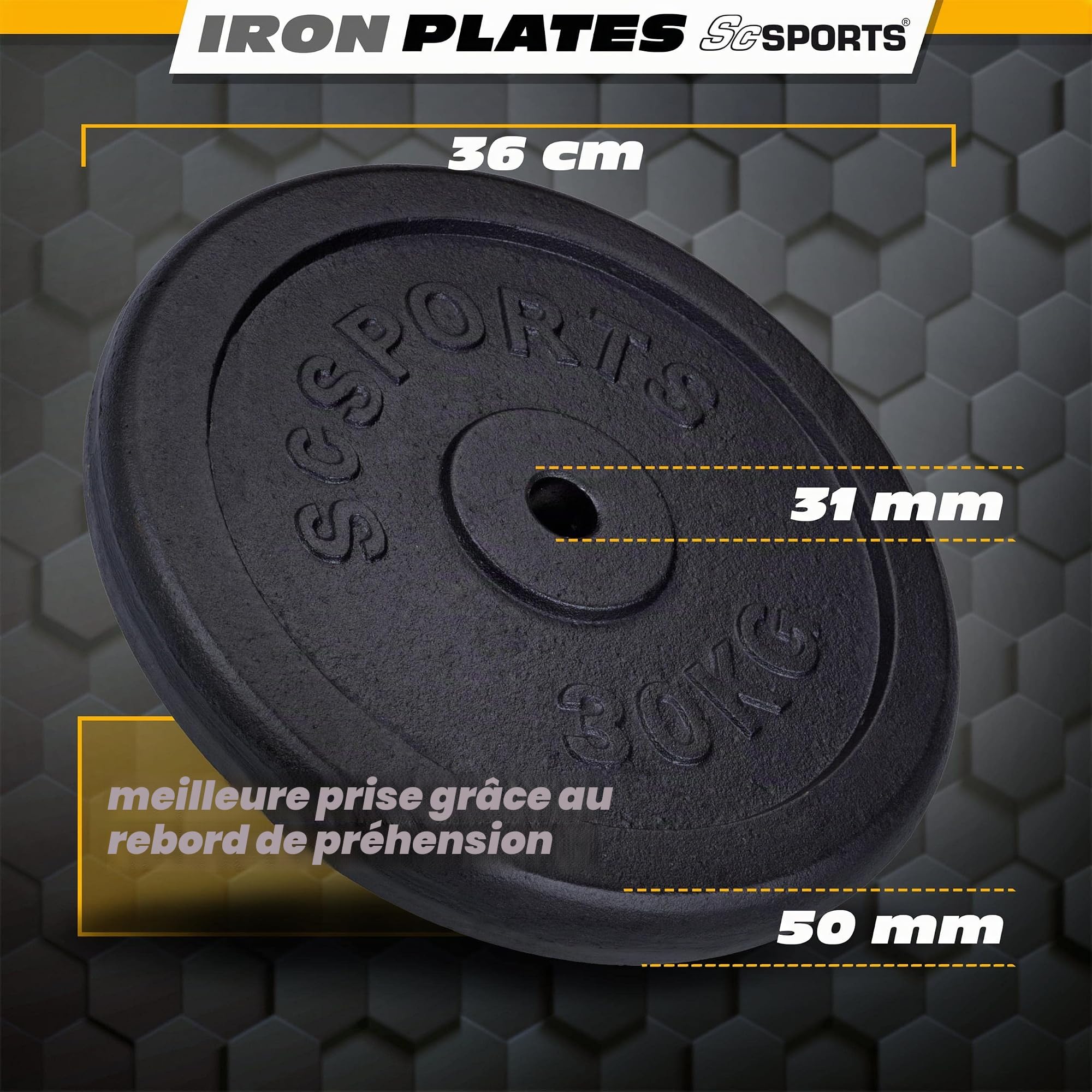 ScSPORTS® Jeu Disques Haltères - Plaques 20/25/30kg, Ø 30/31mm, en Fonte, Noir - Set Poids, Fitness, Musculation