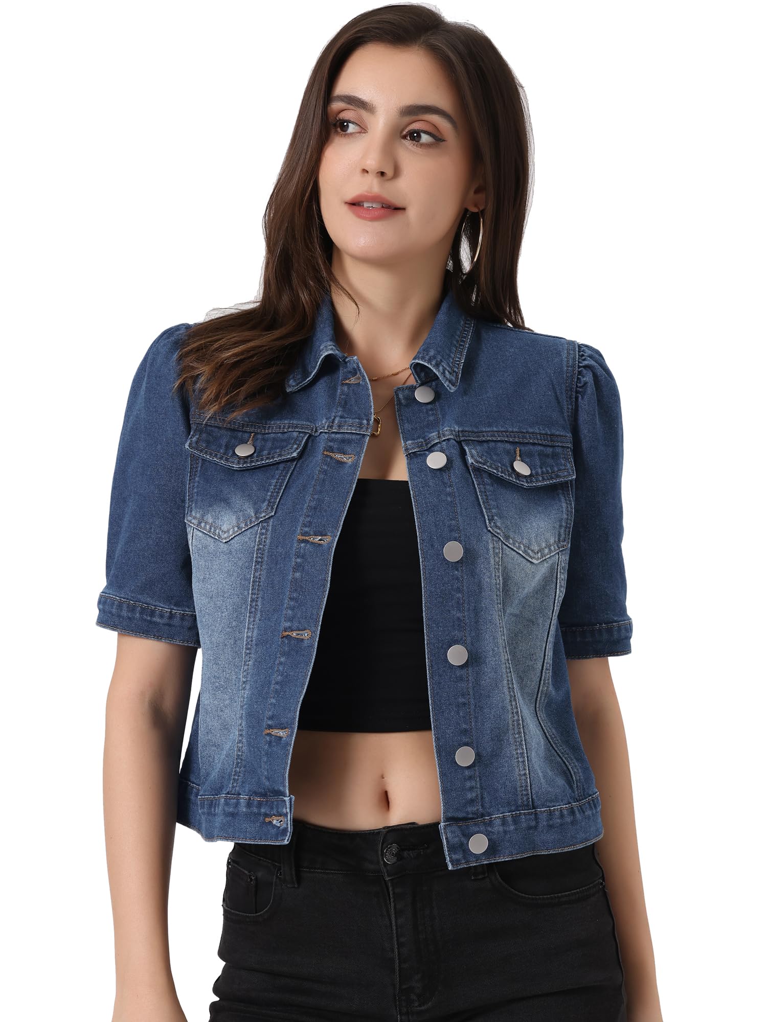 Allegra K Giacca Casual Donna Maniche Corte Sbuffo Blazer Jeans Abbottonata