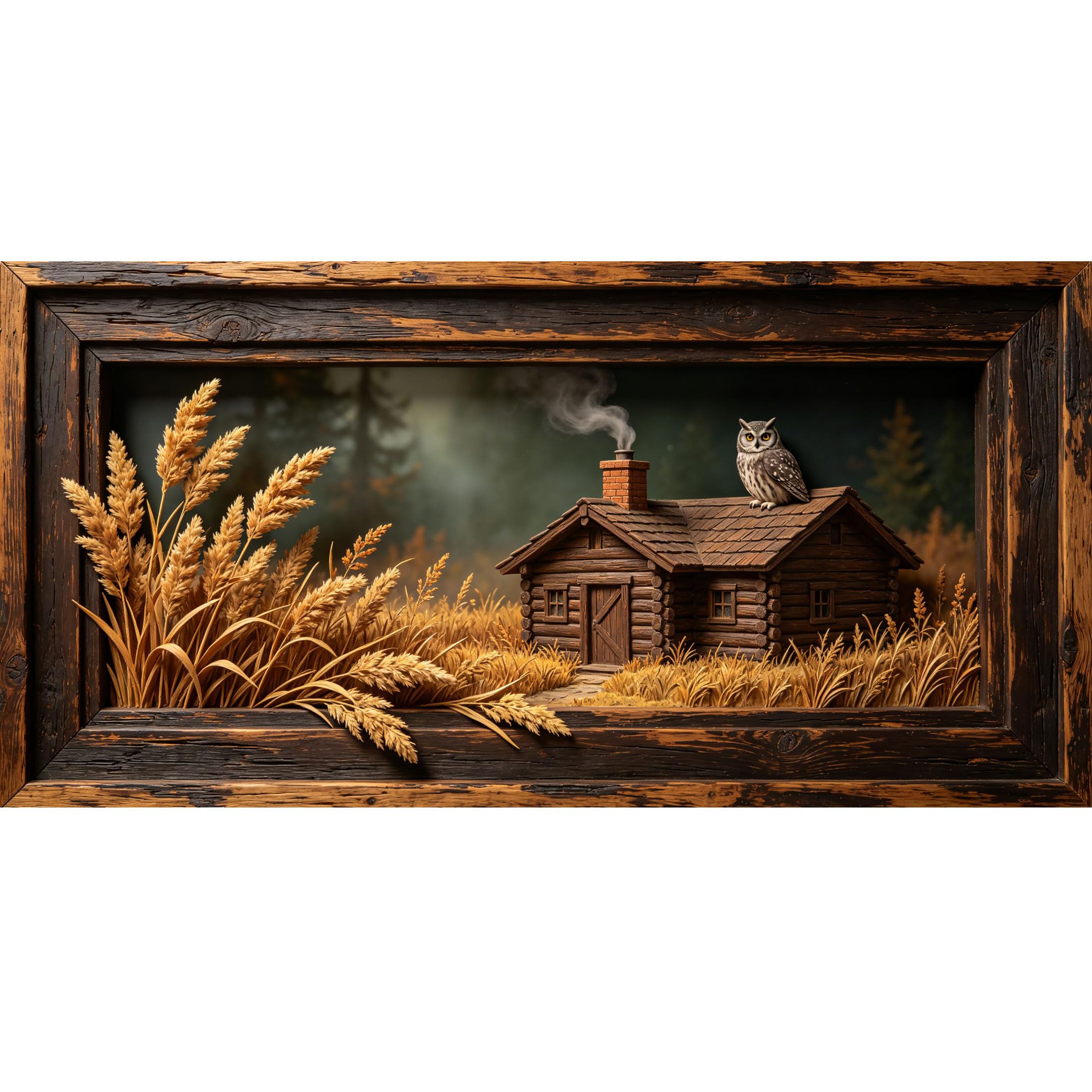 Agglomerix 3D Framed Wall Art Owl Cabin Wheat Field Forest Farmhouse Textured Large Size Self-Adhesive Removable Wall Decor Prints Artwork for Living Room Bedroom Office