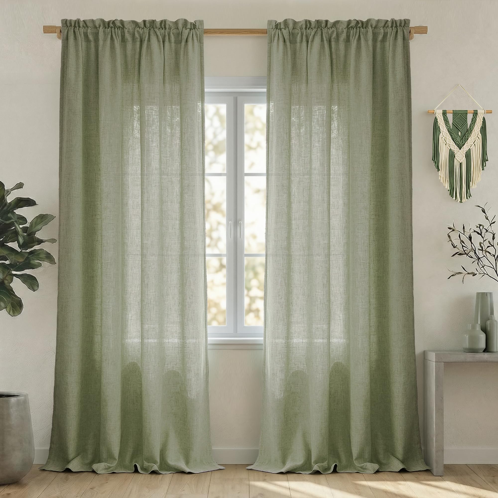 Mrs.Naturall Sage Green Curtains 90 Inches Long for Bedroom 2 Panels Set Rod Pocket Light Filtering Semi Sheer Linen Curtains for Living Room Bay Window Boho Farmhouse Decor 52x90 Length — image 1