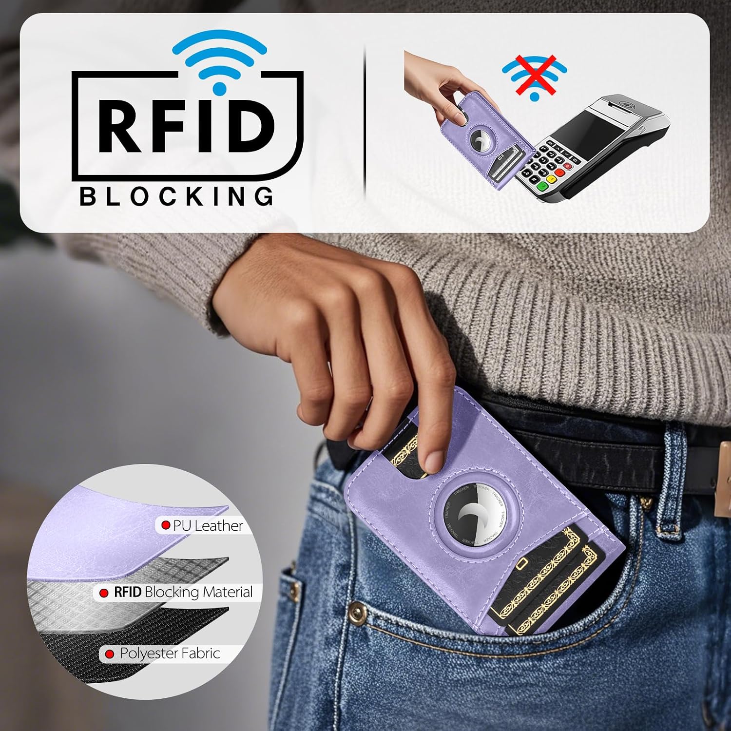SkyEagle RFID Blocking MagSafe Wallet Stand with AirTag Card Holder,5 Card Slots & ID Window,PU Leather Magnetic Phone Kickstand for iPhone 12/13/14/15/16/17 Pro Max & Air Plus Series,Light Purple image 5