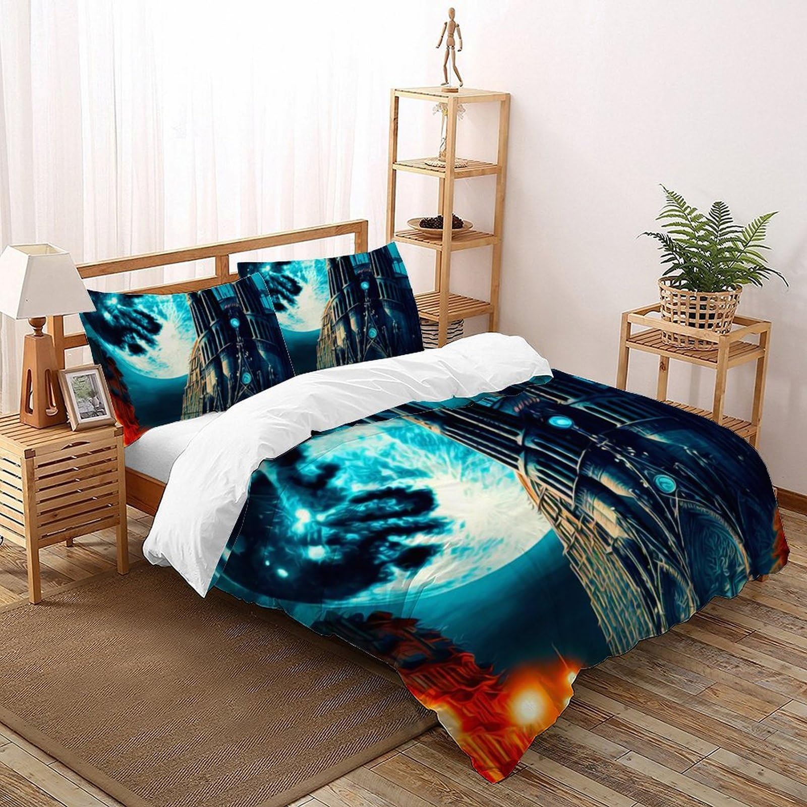 Housse de couette 220x240cm château 3D avec 2 taies d'oreiller pour lit double