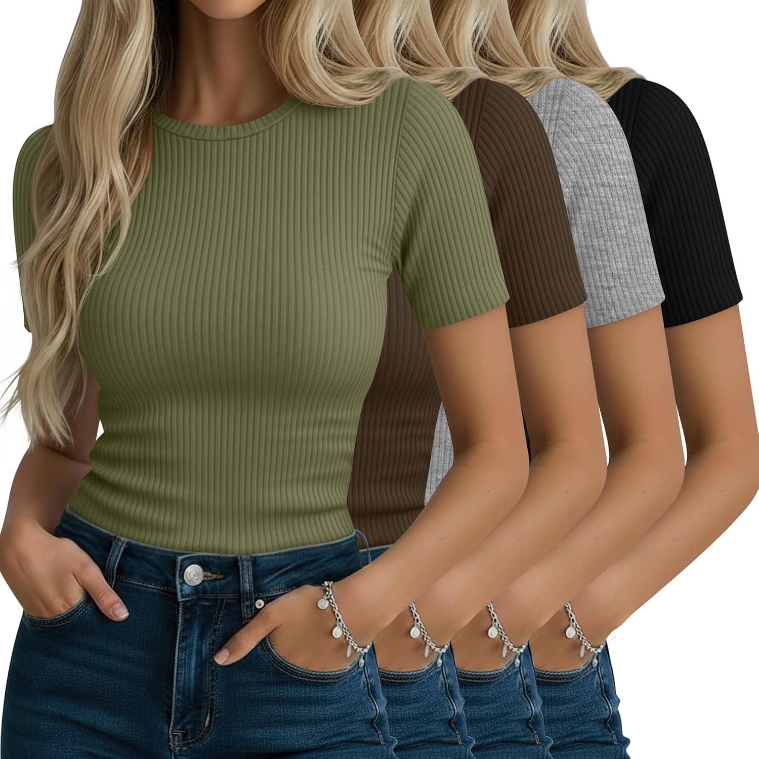 Neer 4 Pack Women's Short Sleeve T-Shirts Cotton Slim Fitted Ribbed Tops Crew Neck Summer Casual Shirt Basic Tight Tees 2026