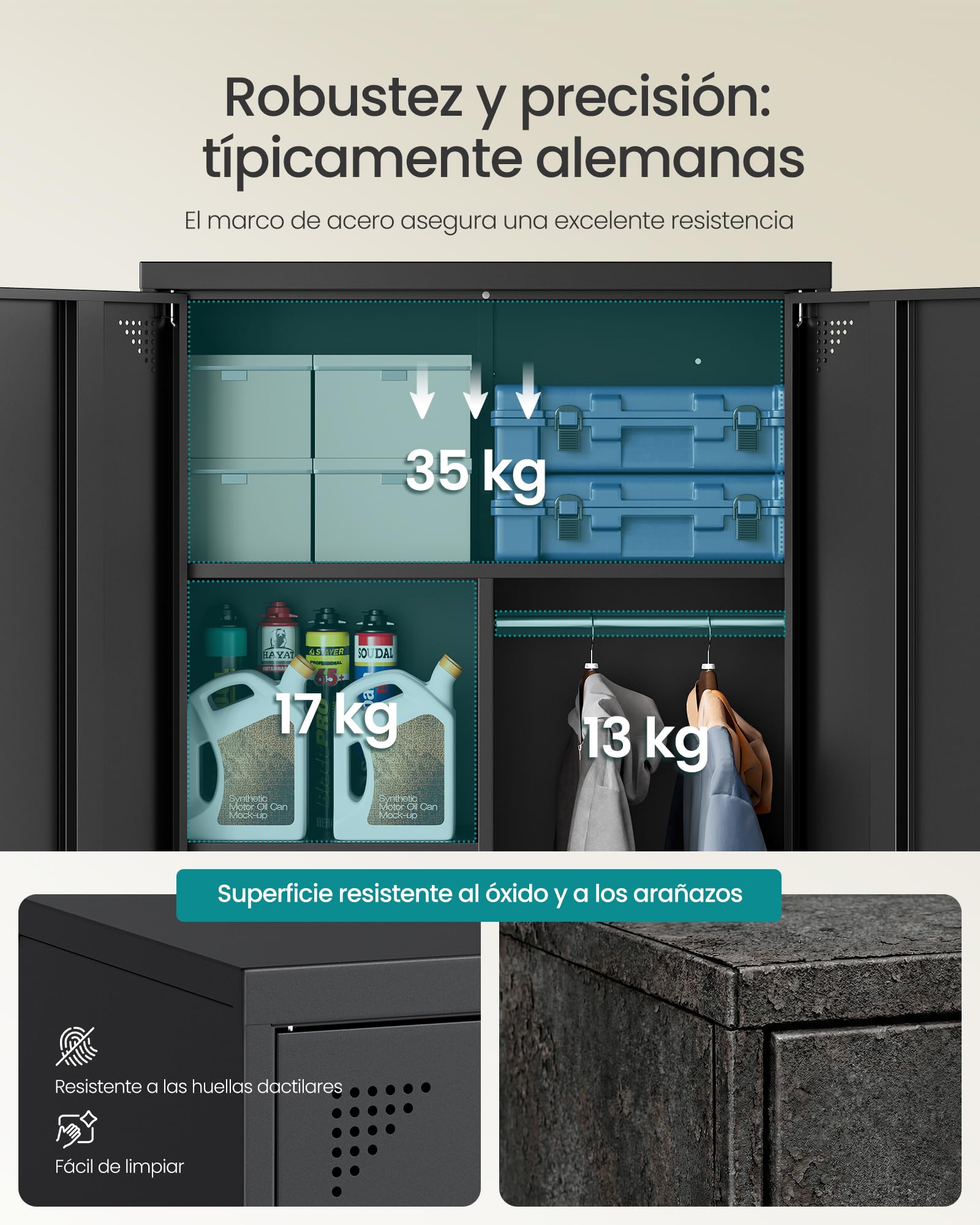 SONGMICS Armario, Mueble de Almacenamiento Metálico, con 2 Puertas, 5 Compartimentos, Barra para Perchas, con Cerradura, Patas Altas, 80 x 40 x 165 cm, Negro Mate OMC018BD01