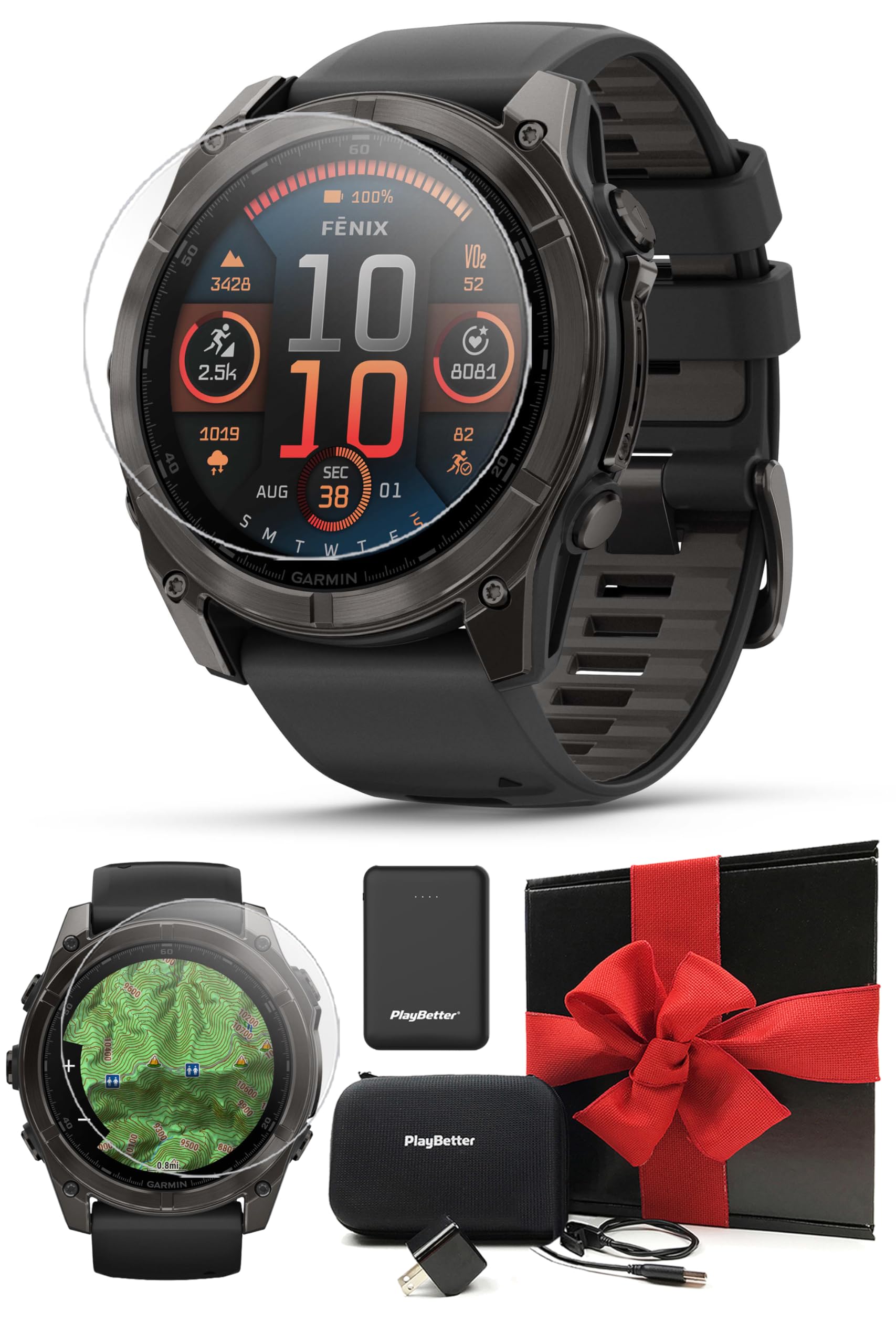 Garmin Fenix 8 AMOLED Sapphire (51mm, Carbon Gray DLC Titanium) Multisport GPS Smartwatch Gift Box Bundle - 1.4" Touchscreen, LED Flashlight with PlayBetter Charger, Screens, Adapter, Case