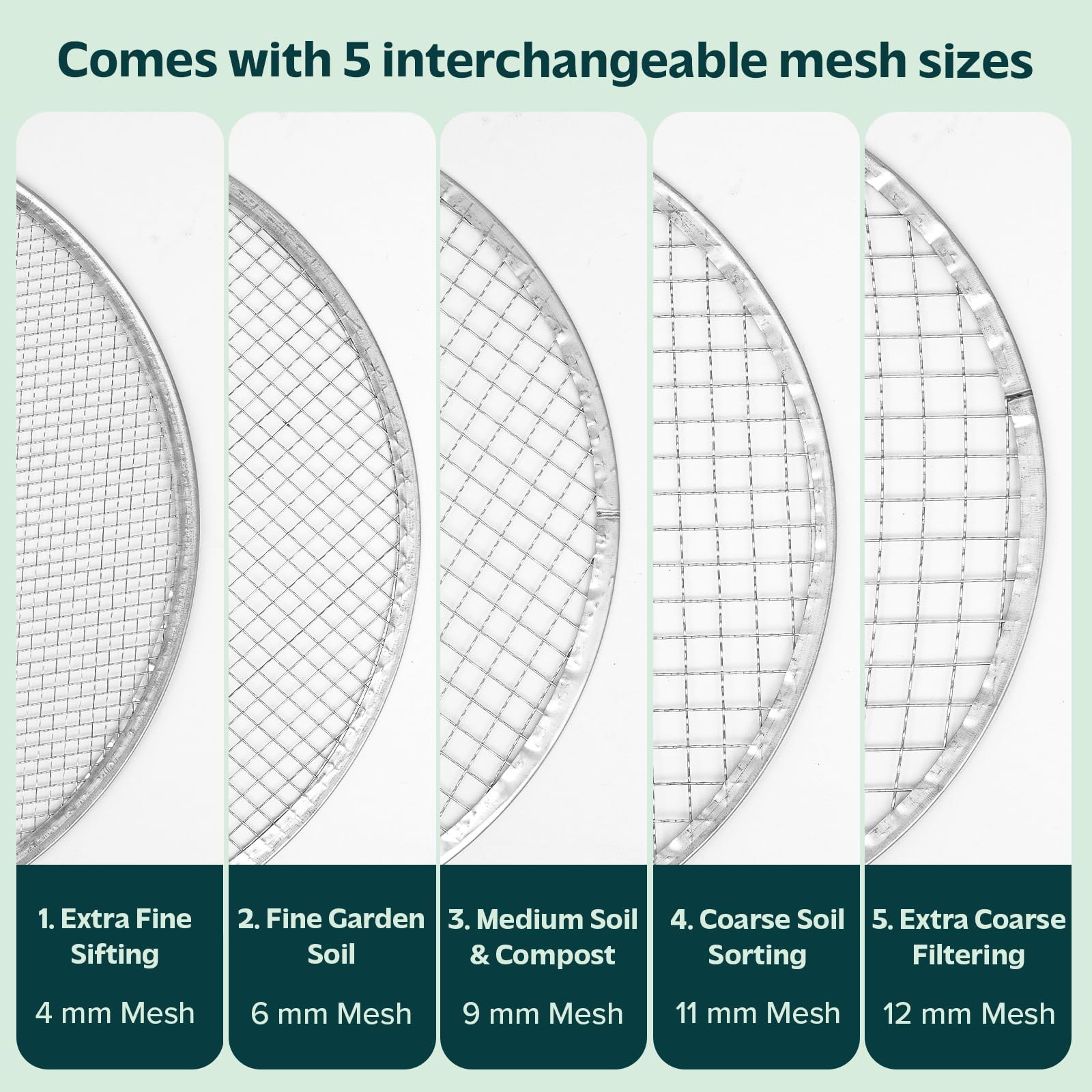 Flatro Tamis de jardin pour terre et pierre | Cadre en acier inoxydable avec 5 inserts interchangeables en maille fine (3 mm, 5 mm, 8 mm, 10 mm, 12 mm) | Tamis de compost de jardin en métal