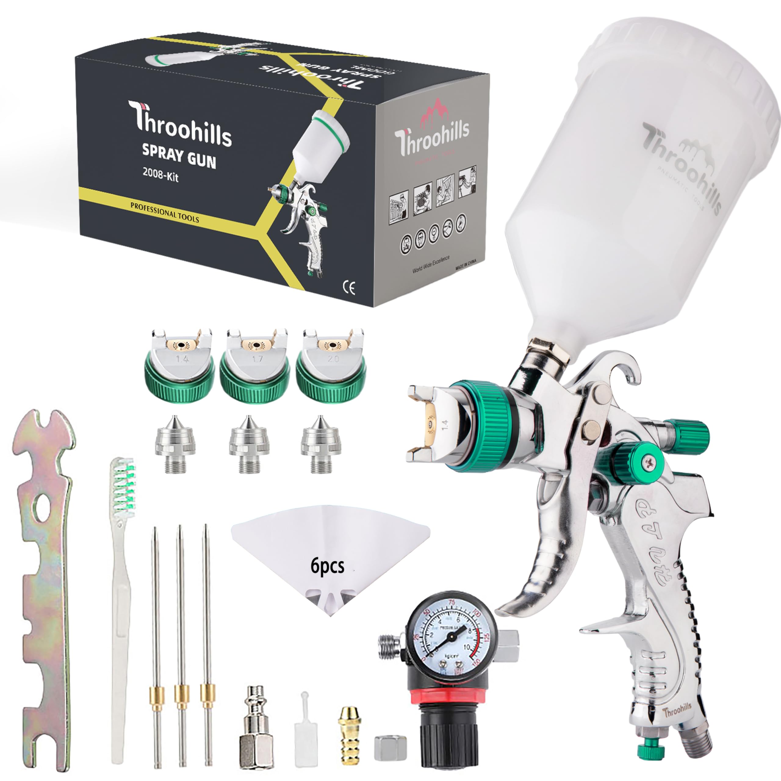 Throohills Professional HVLP Spray Gun, 1.4/1.7/2.0mm Nozzle HVLP High Atomization Flow Adjustable Pneumatic Gravity Spray Gun with 600cc Cup & Gauge