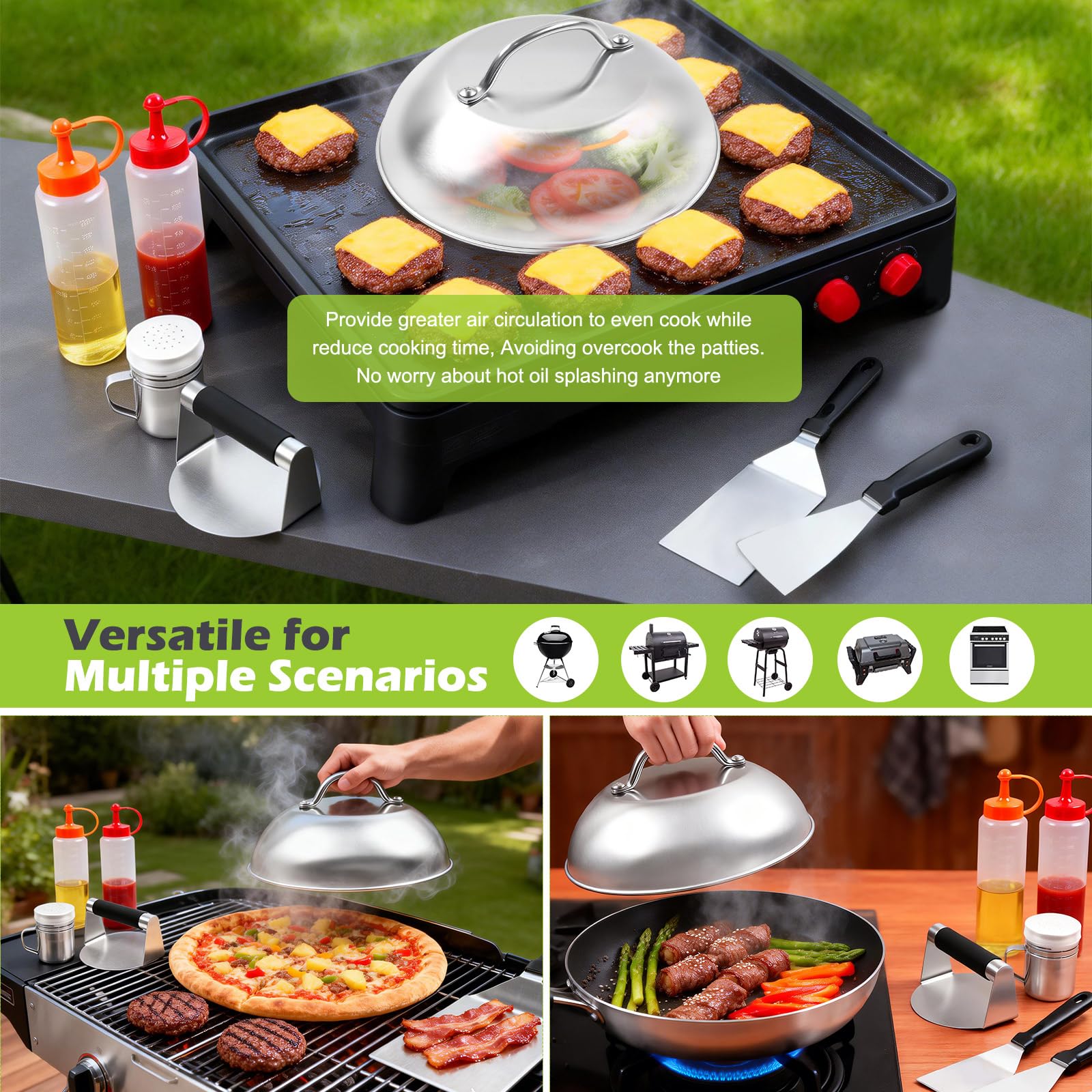 MaxAwe 10-TLG Smash Burger Set, Edelstahl Grillbesteck Set mit 2 Burgerglocken, 2 Grillspachtel, 2 Squeeze Flasche, Burgerpresse, Gewürzstreuer & 100 Antihaftpapieren, Burger Smasher Grill Set