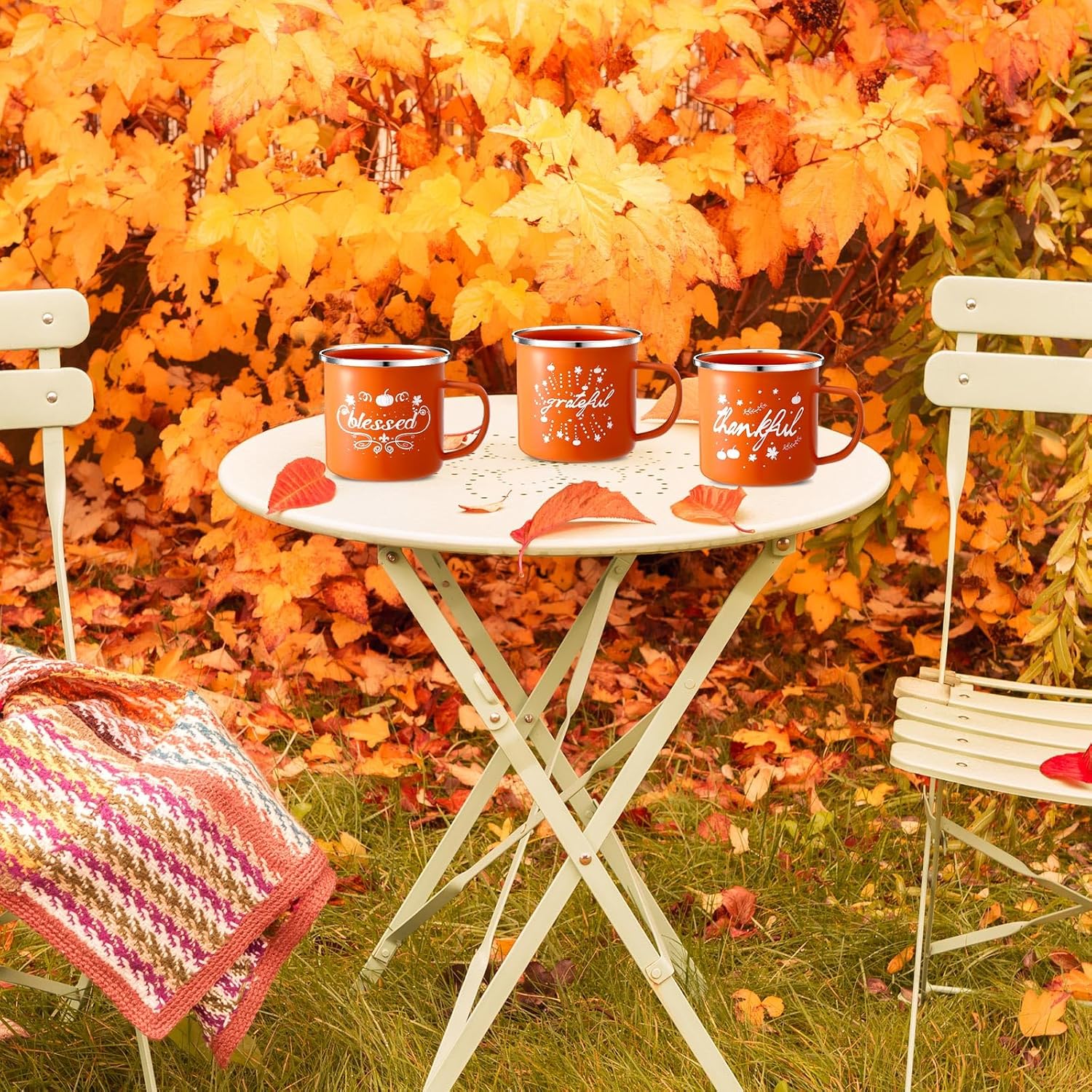 Uiifan 3 Pcs Fall Autumn Coffee Mugs 16 oz Enamel Pumpkin Mugs Cups Campfire Style Fall Mugs Grateful Thankful Tea Latte Mug for Thanksgiving Halloween Home Decoration Holiday Daily Supplies