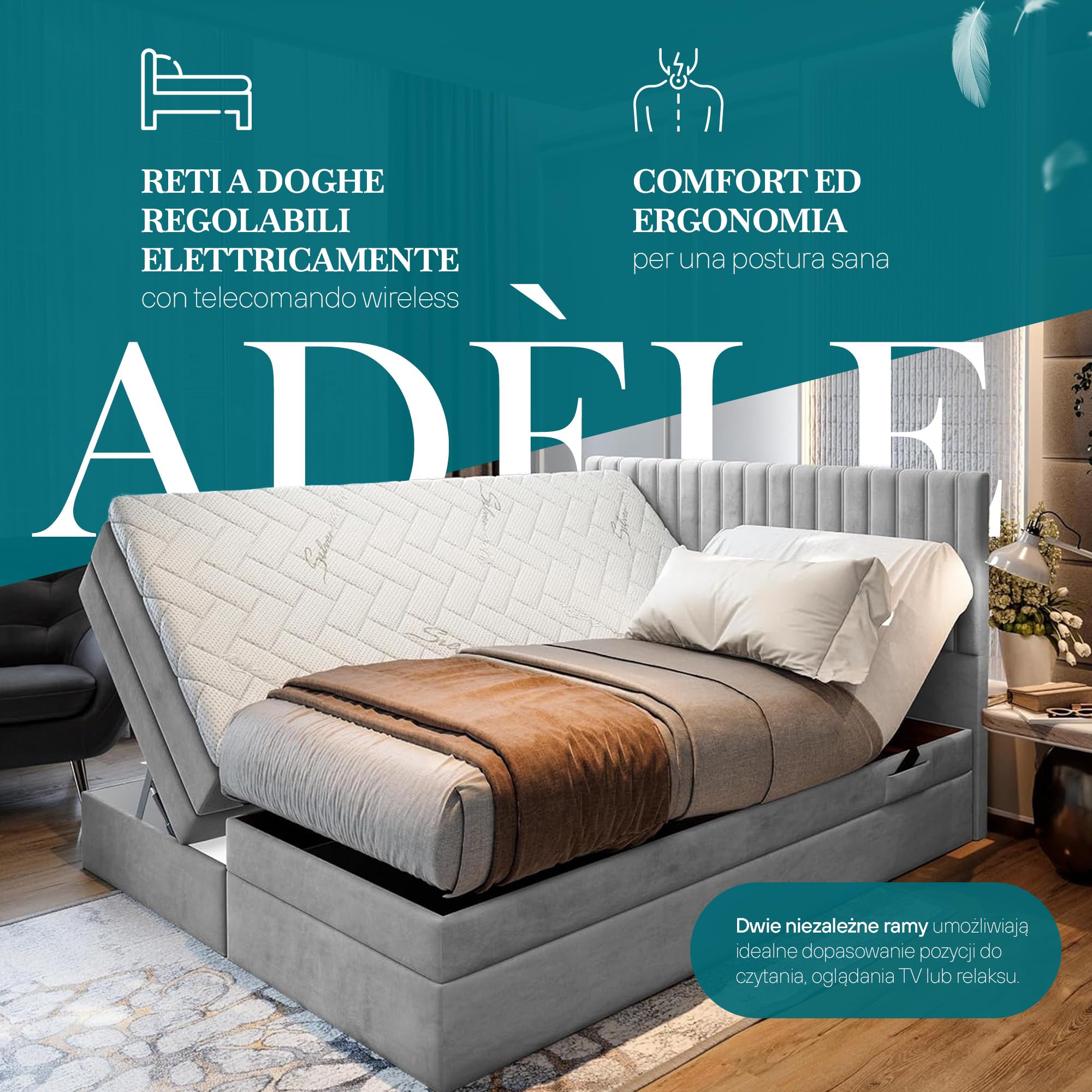 TRADA Letto Contenitore Matrimoniale ADELE, 200x200cm, Beige | Letto Elettrico con Materasso + Tooper e Contenitore - Rivestimento In Tessuto Velour