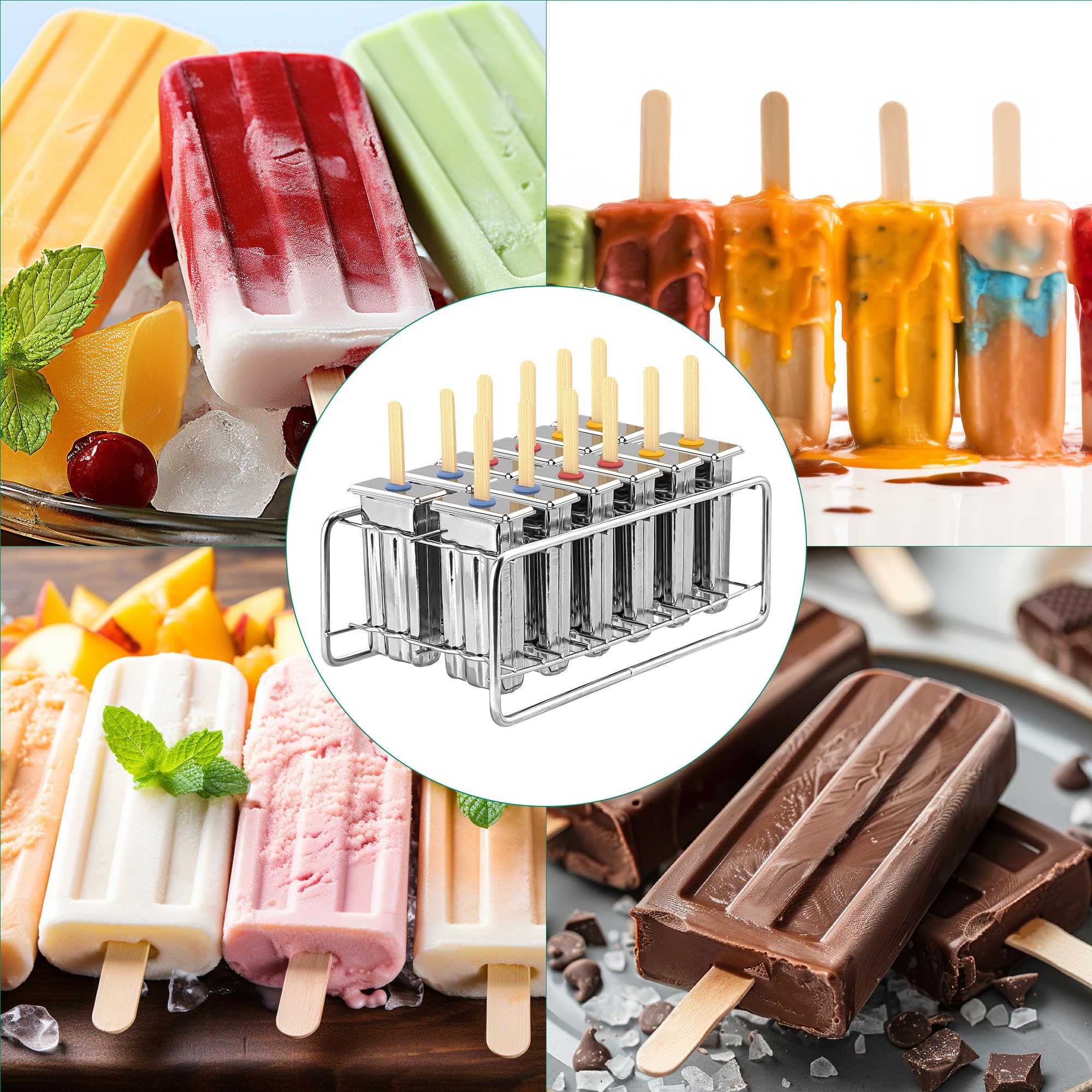 Lot de 12 moules à glace en acier inoxydable avec support, réutilisables à tête plate et à congélation rapide avec bâtons en bois et sacs