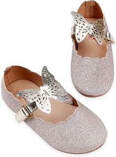 Kids Girls Glitter Ballet Flats | Butterfly Embellished Belly Flats | Comfortable Footwear for Festive Occasions, Weddings & Dressy Events