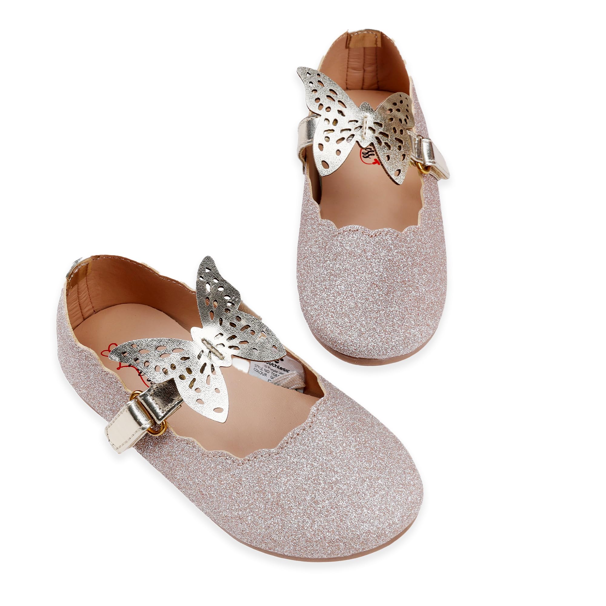 toothless Kids Girls Glitter Ballet Flats | Butterfly Embellished Belly Flats | Comfortable Footwear for Festive Occasions, Weddings & Dressy Events