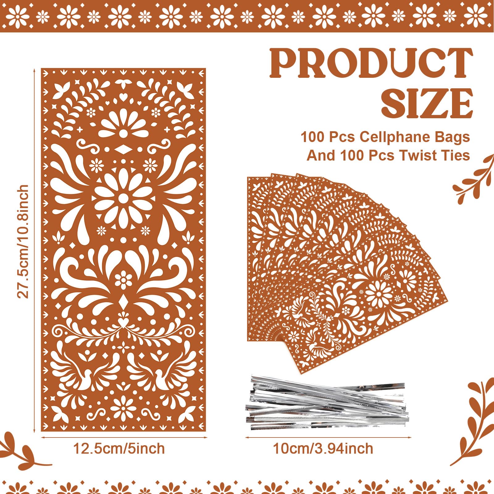 Funrous 100 Pcs Cielito Lindo Candy Bags Mexican Fiesta Gift Bags with Twist Ties Cinco De Mayo Party Favors Barro Candy Sack Talavera Sack for Mexican Wedding Fiesta Party Supplies(Brown)