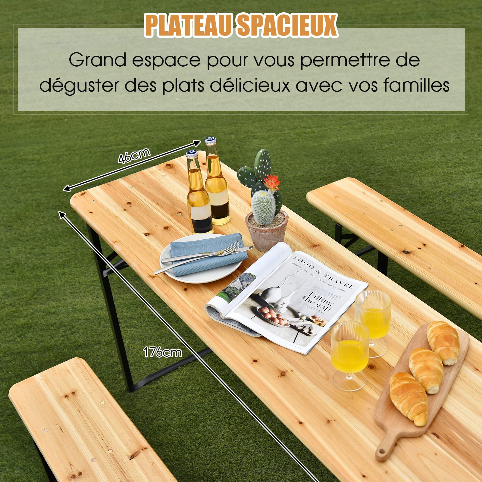 COSTWAY Ensemble Table Pliante et Bancs de Pique-Nique 180CM en Bois