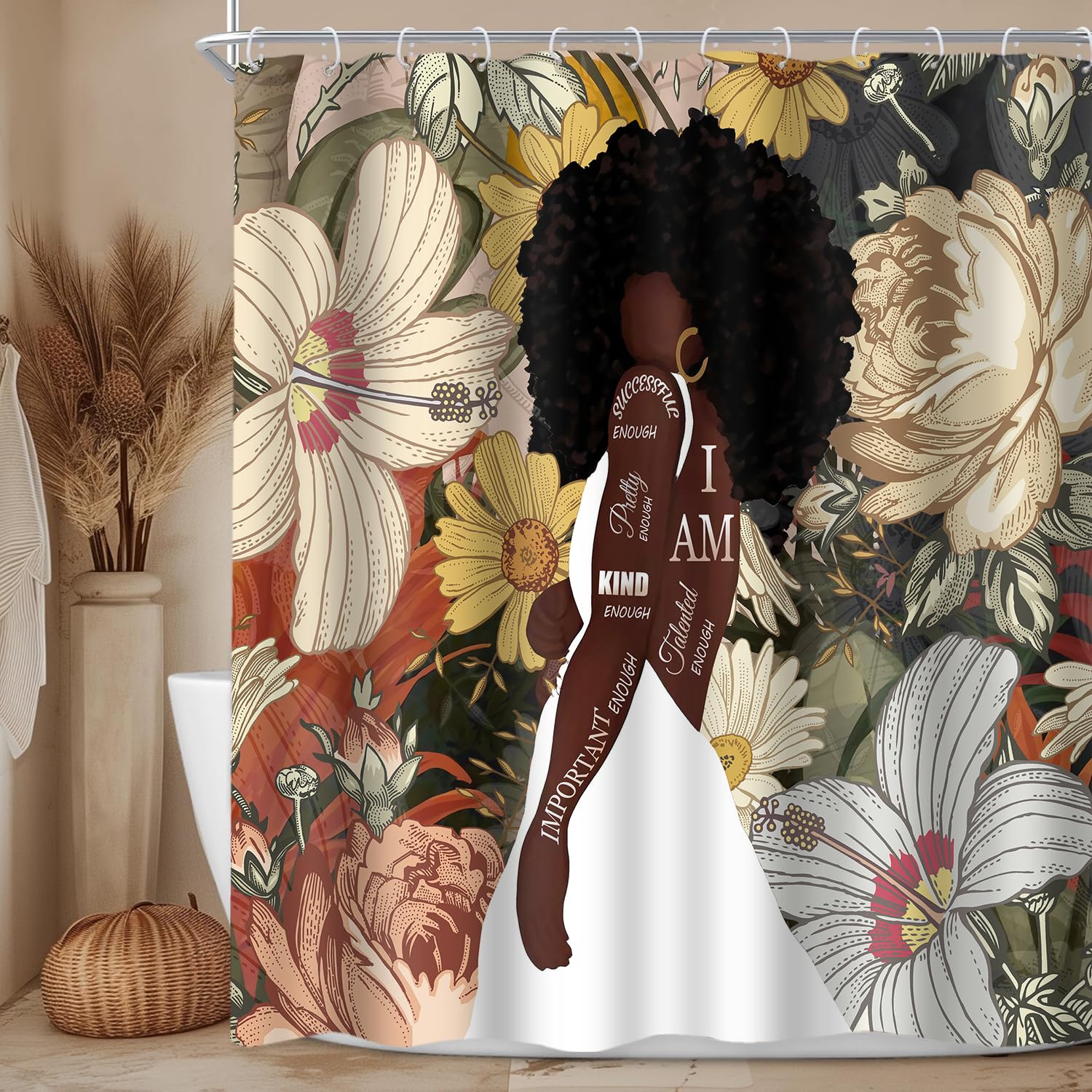 PAEOT American African Shower Curtain Black Girls Women Quotes Bathroom Shower Curtain 72x72Inch Washable Polyester Vintage Boho Floral Mid Century Bath Curtain Set with 12Hooks