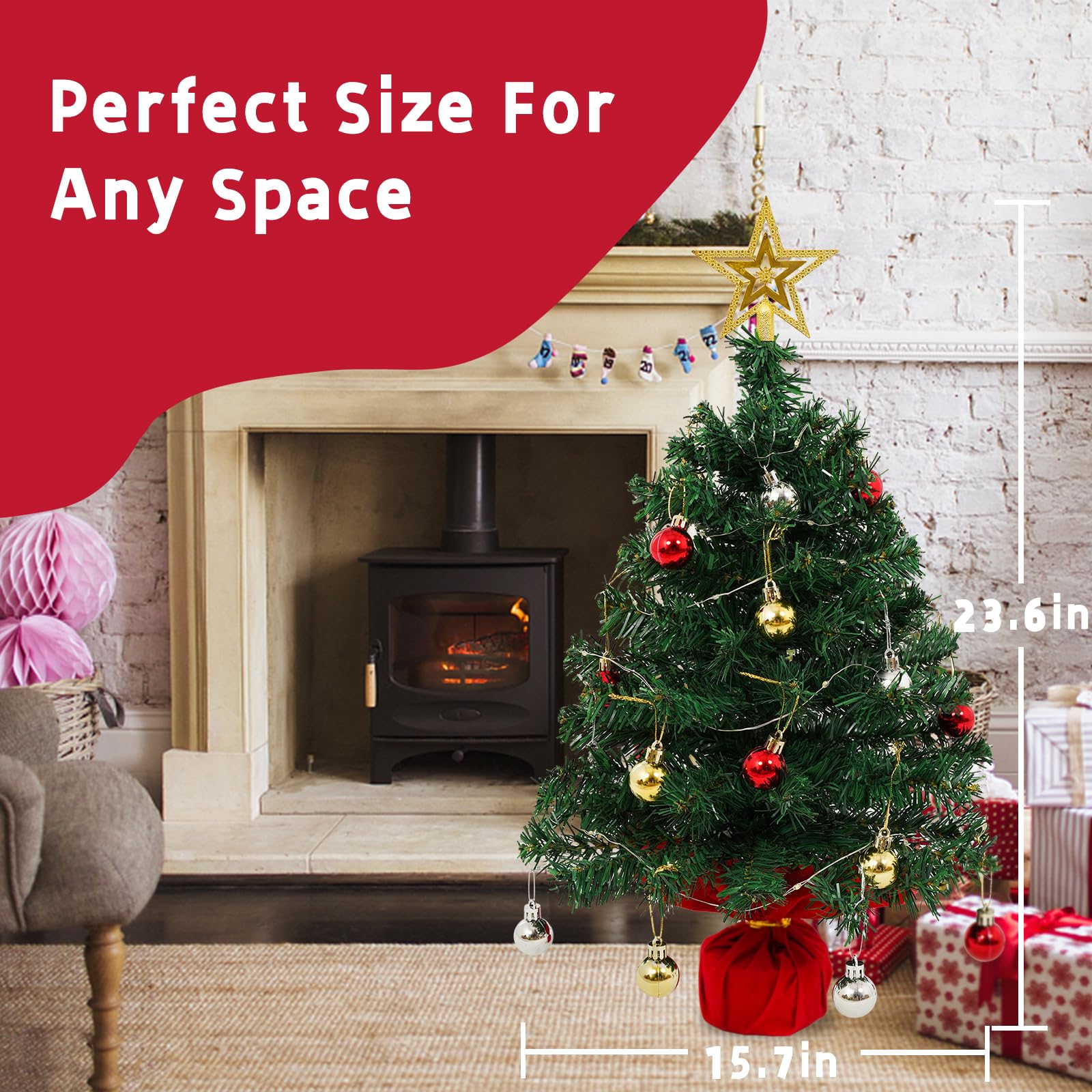 Mini Tabletop Christmas Tree with 30 LED String Lights, Star Top, Perfect for DIY Decoration