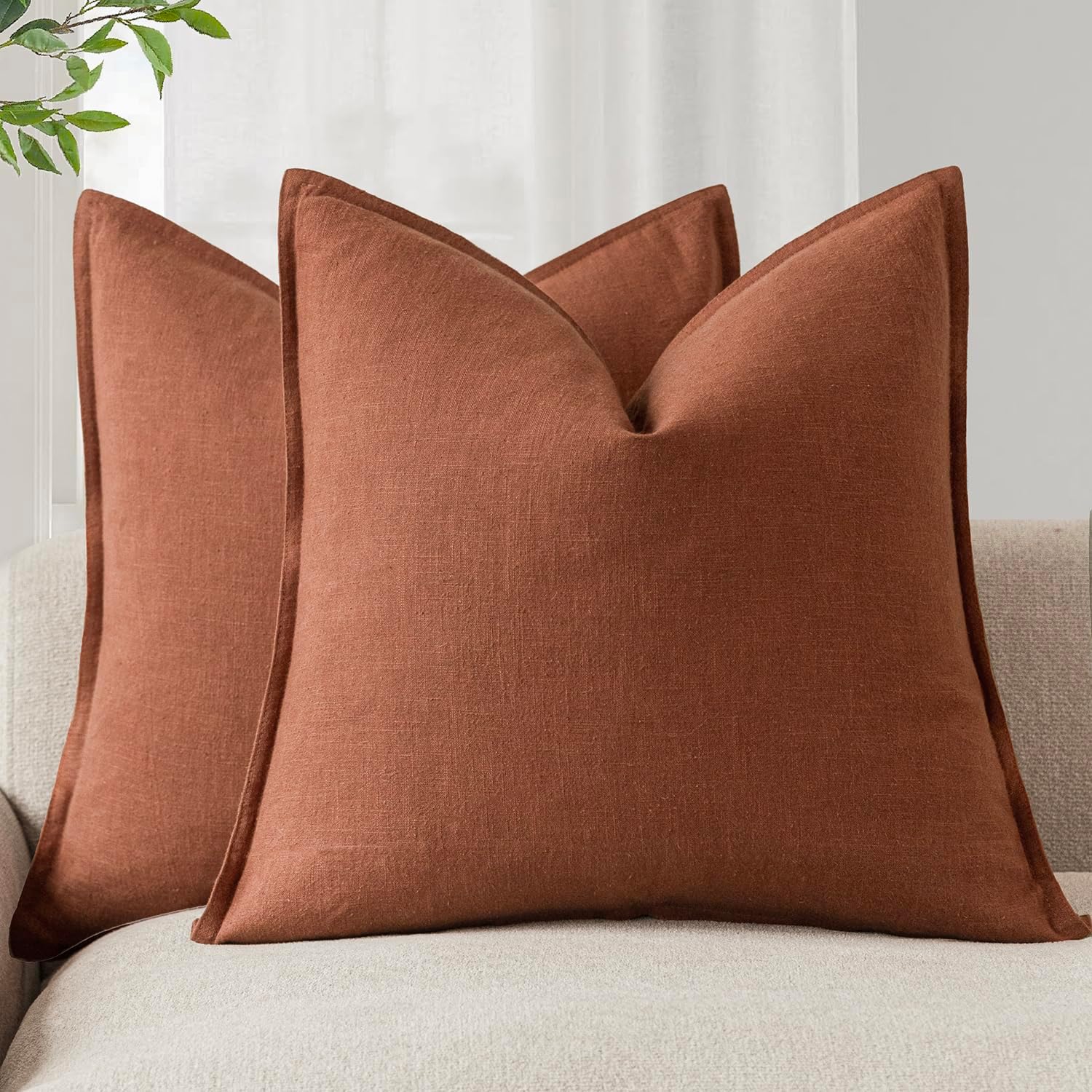 Foindtower Pack of 2, Decorative Linen Soild Throw Pillow Covers Soft Accent Cushion Case Farmhouse Neutral Pillowcase for Chair Couch Sofa Bedroom Living Room Home Decor 24 x 24 Inch Fall Rust Orange