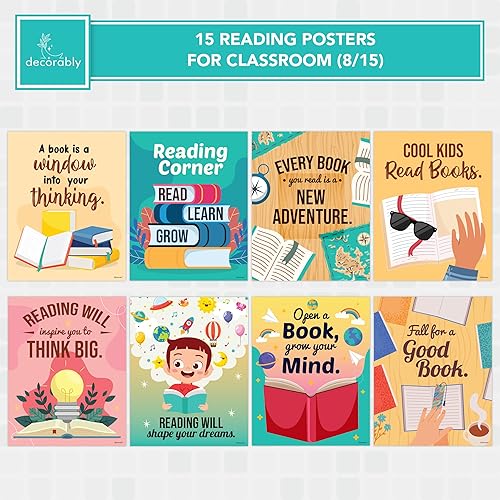 Miniatura 3 de Decorably 15 pósteres de lectura para aula primaria, jardín de infantes, preescolar, 11 x 14 pulgadas, póster educativo laminado mate para escuela