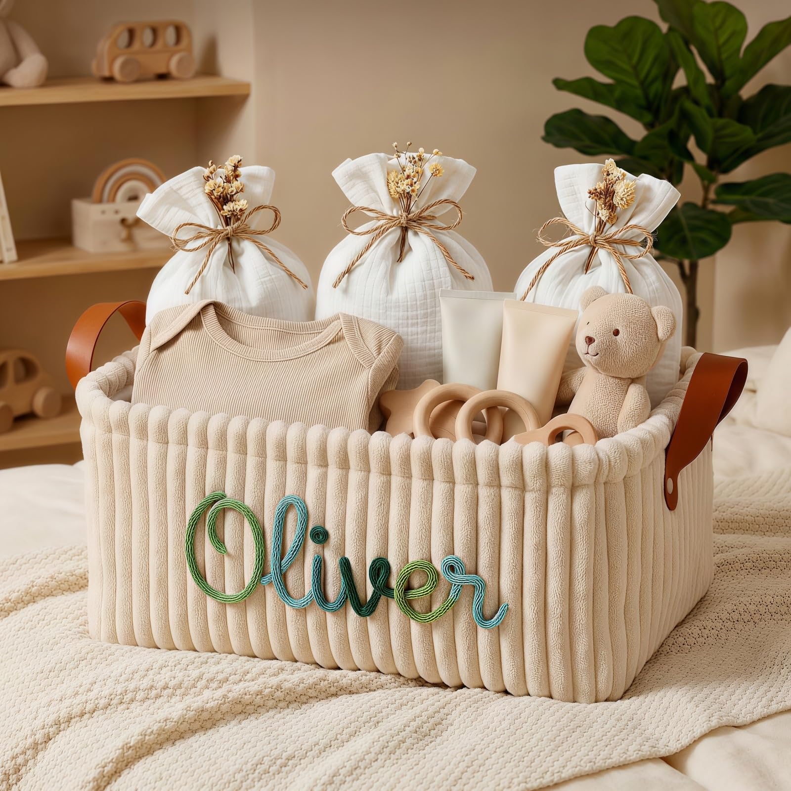 Custom Diaper Basket, Personalized Corduroy Storage Bin For Nursery Decor