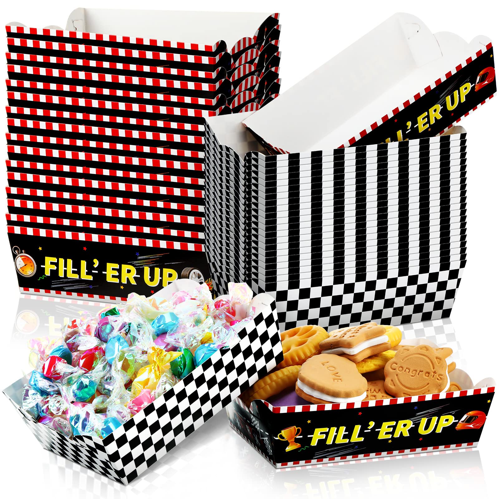 Cunhill 60 Pcs Racing Car Party Supplies Checkered Nacho Food Tray Boat Race Car Decoration Black and White Plaid Disposable Paper Tray for Baby