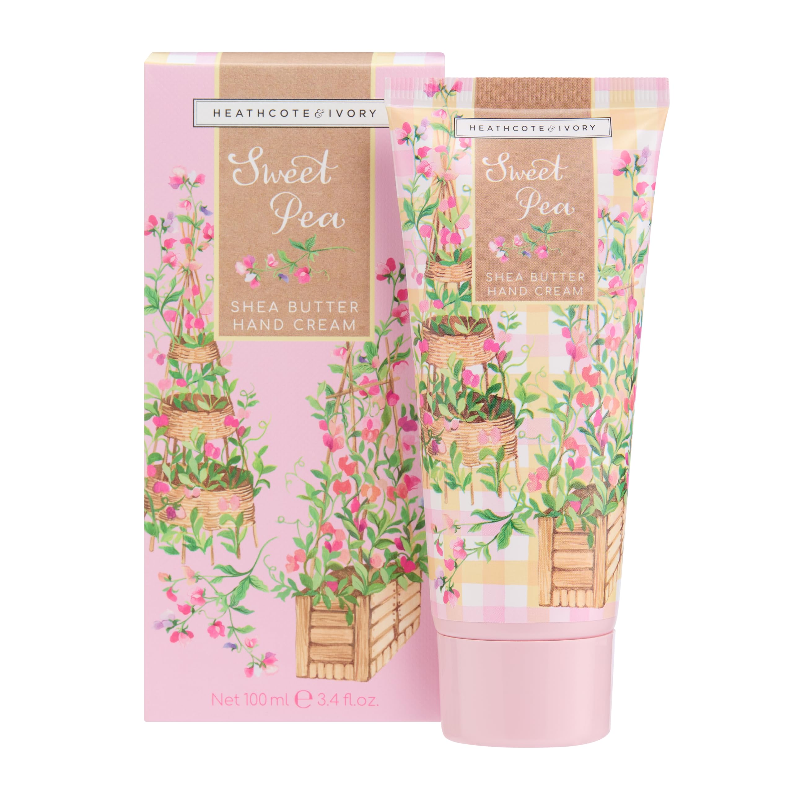 Heathcote & Ivory Hand Cream in Carton, Travel Size 100ml, Shea Butter Moisturiser, Sweet Pea Scents, Vegan and Cruelty Friendly, Gift for Her, Beauty Self-Care